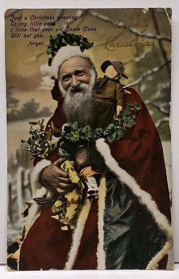Father Christmas Old World Santa Claus Toys Dolls Posted Dec 25 Postcard F15
