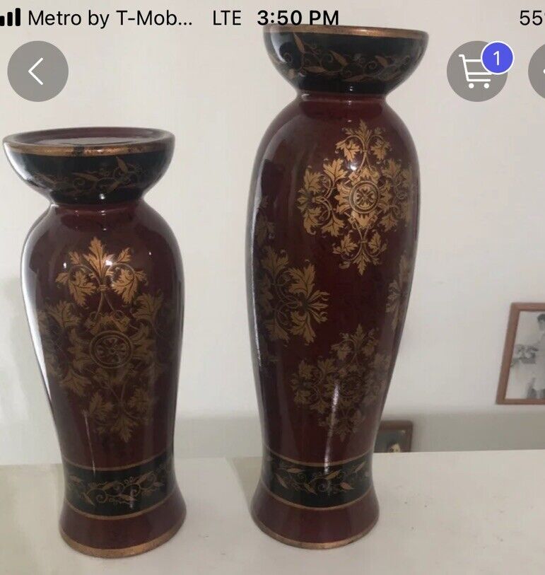 Vintage Porcelain Red Black And Gold Candleholders Two Medium And Large Imported