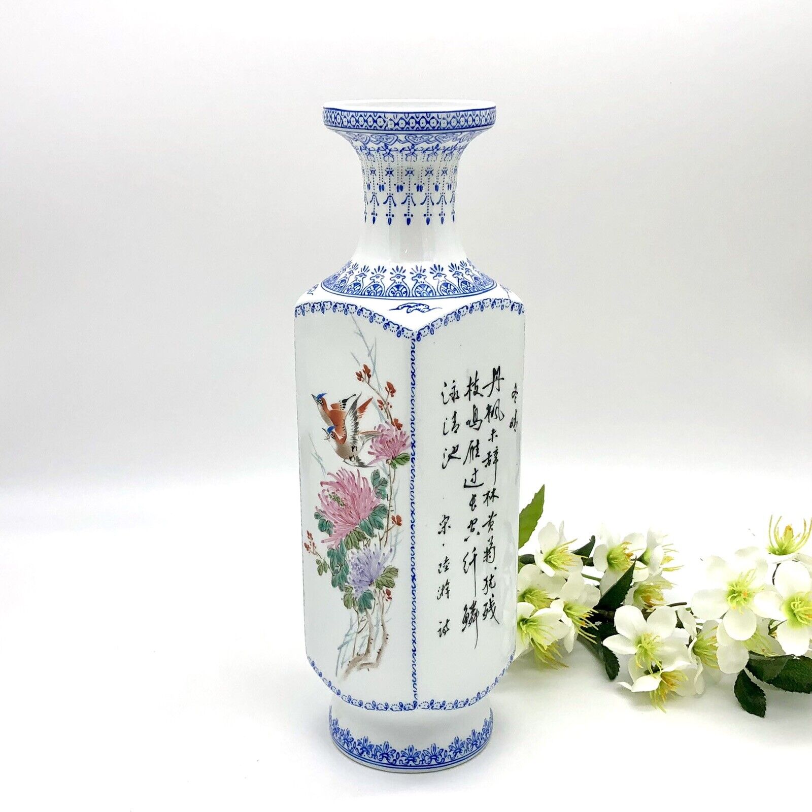Chinese Eggshell Porcelain Square Vase Calligraphy Floral Bird Pagoda Landscape