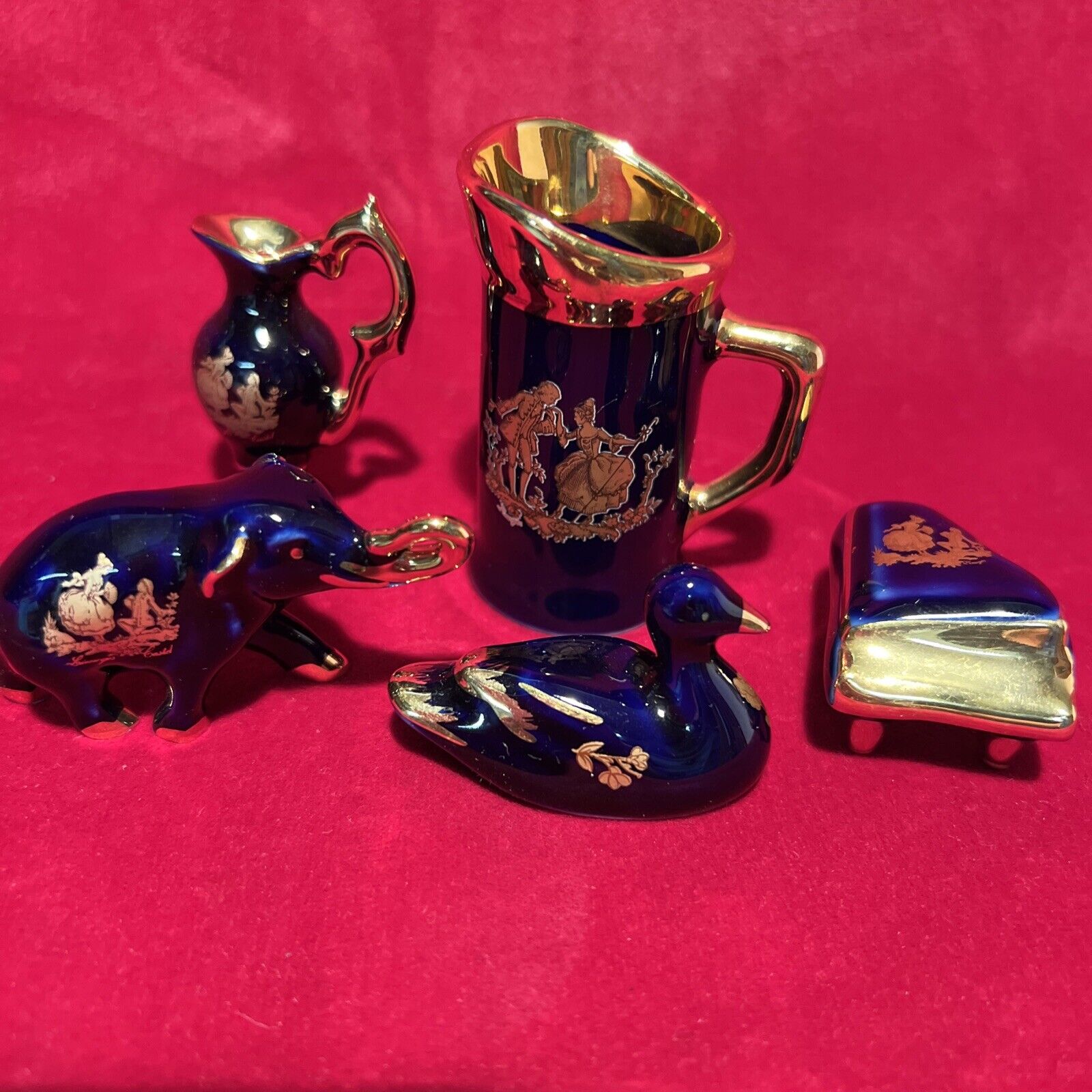 5 Limoges Cobalt Blue Minis Gold Trim - Duck, Elephant, Piano, Sm&lg Vase (P)