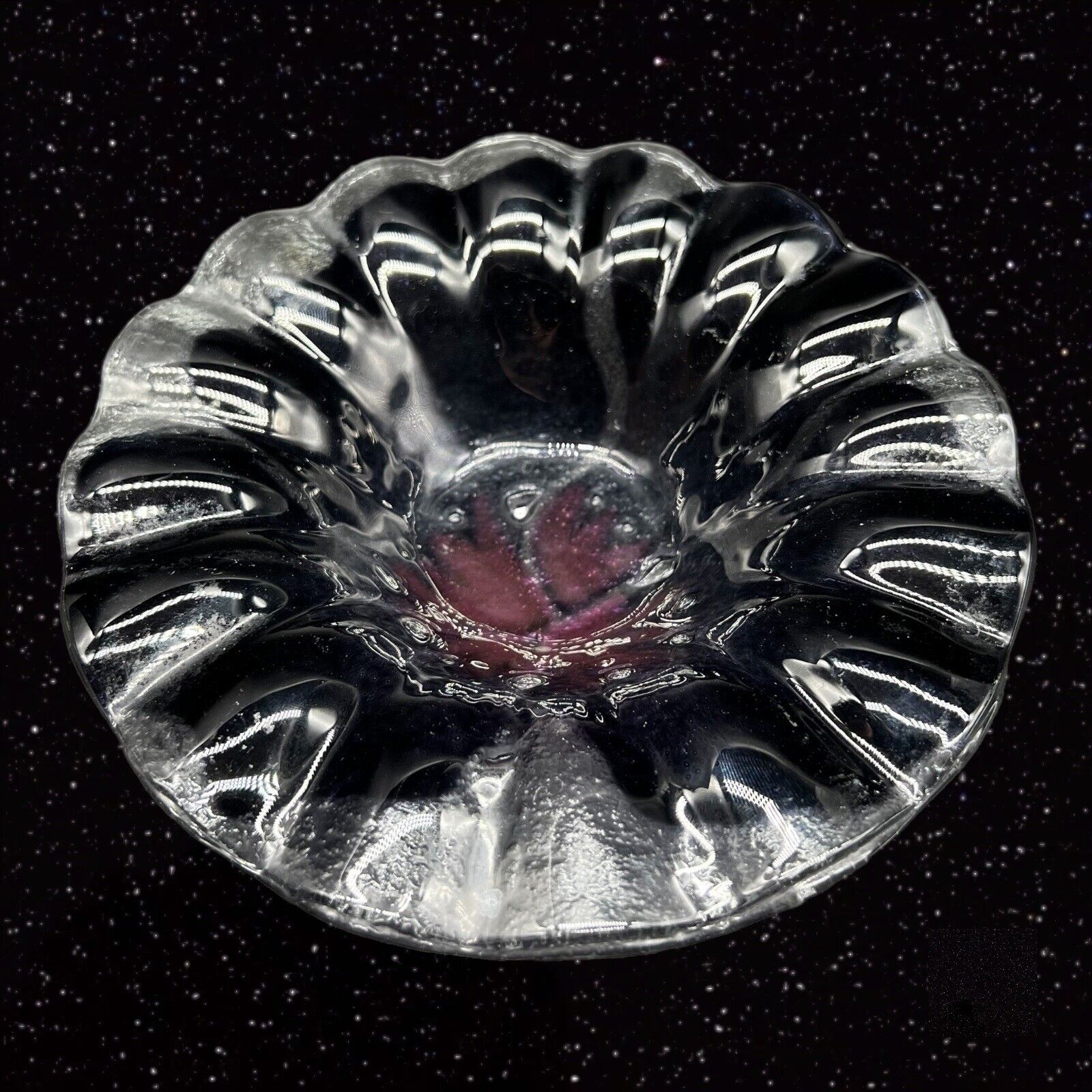 Vintage Fused Art Glass Bowl Ruffled Amethyst Purple Clear Centerpiece 6”Wide