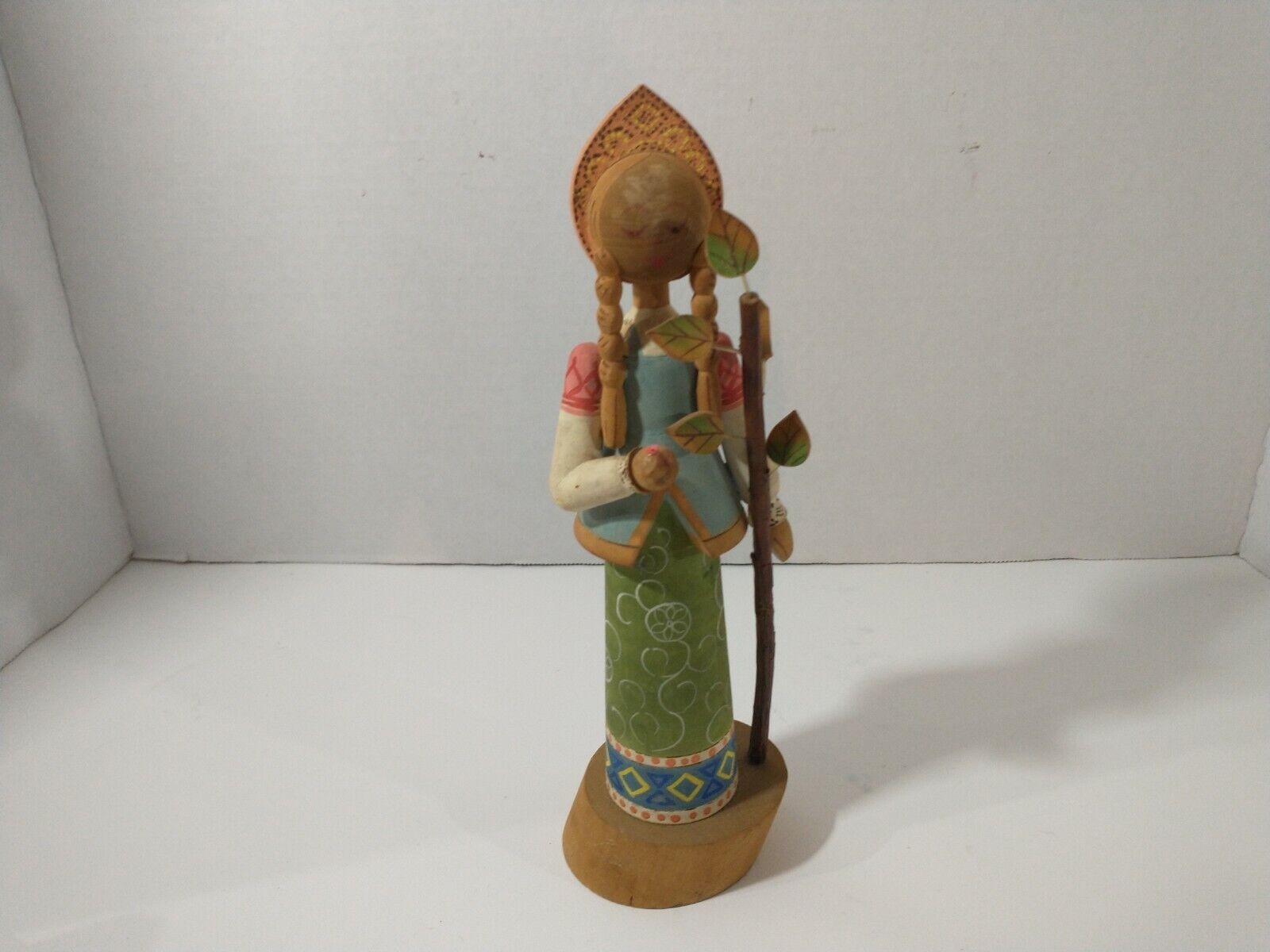 Vintage Hand Painted wooden Russian folk doll Woman With Stick Figurine 1978