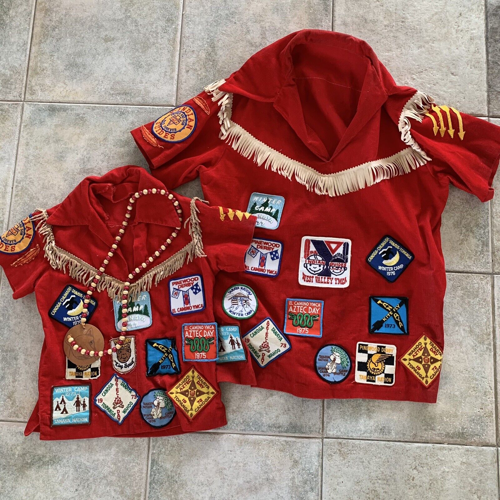 Vintage Fathers And Sons Camp Red Uniform With Patches, Y-Indian Guides YMCA 70s