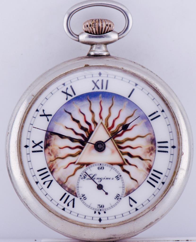 Antique Pocket Watch Silvered Longines Grand-Prix Masonic Fancy Enamel Dial 1900