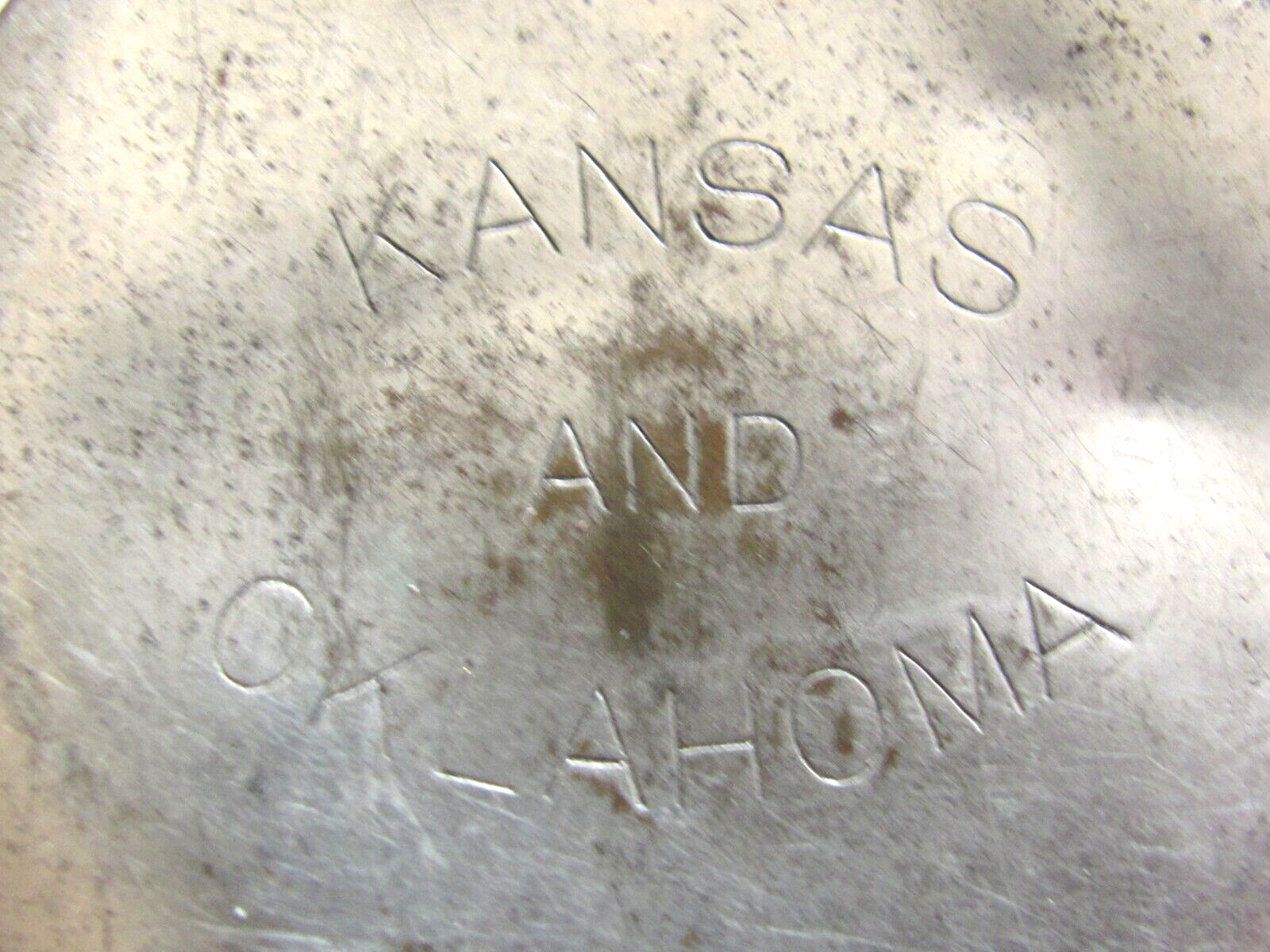 ANTIQUE COLLAPSIBLE TRAVEL FOLDING METAL CUP LID MARK KANSAS AND OKLAHOMA