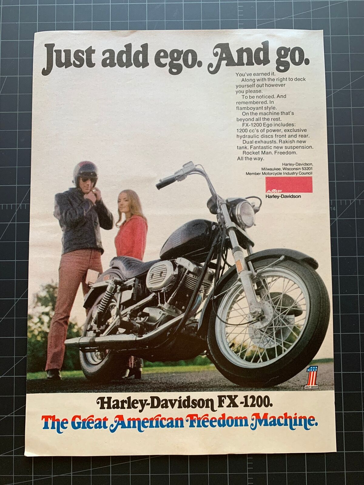 Vintage 1973 Harley-Davidson FX-1200 Motorcycle Print Ad