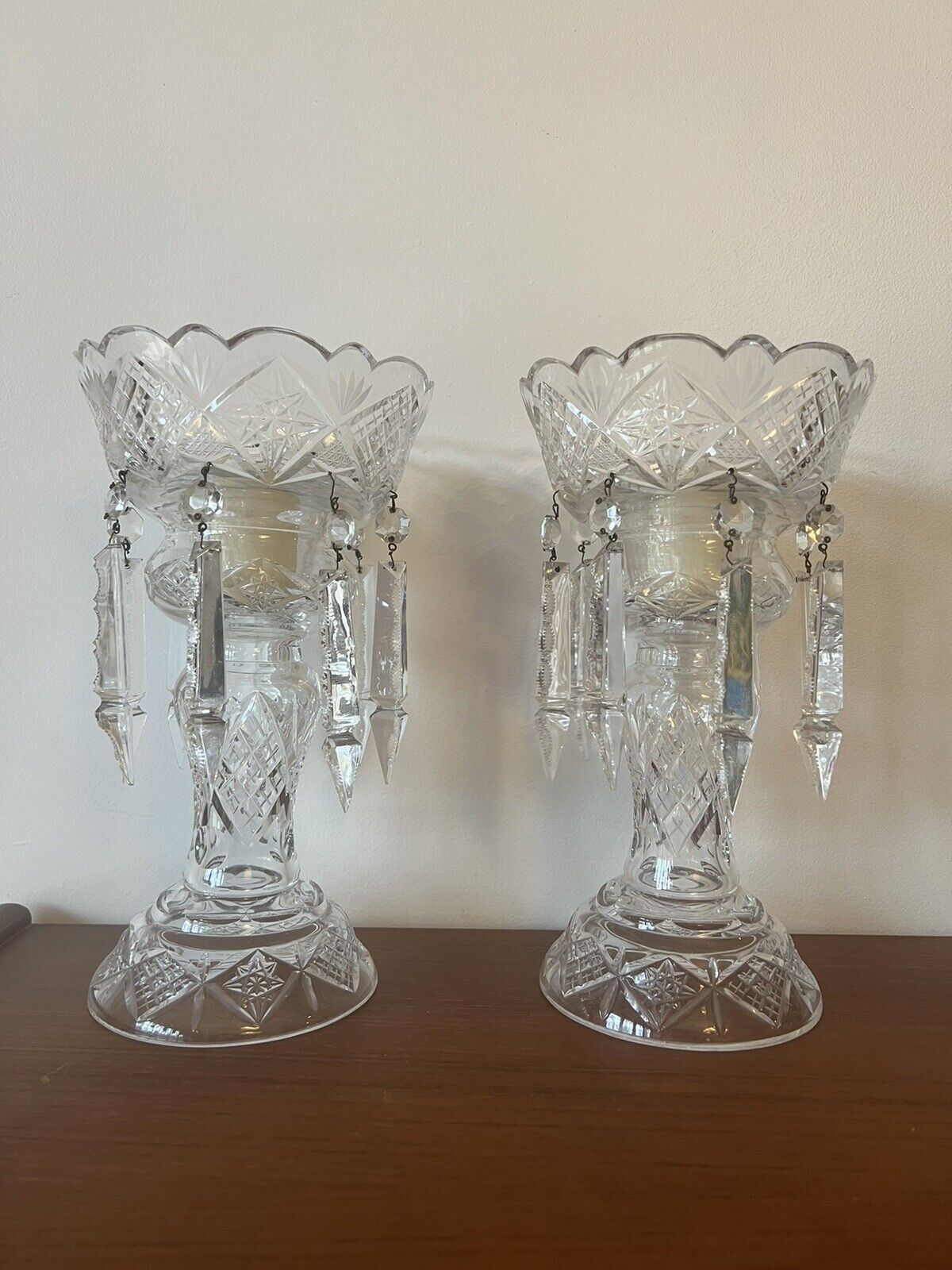 Vintage European Cut Lead Crystal Clear Luster Lamps with Spear Prisms Candle