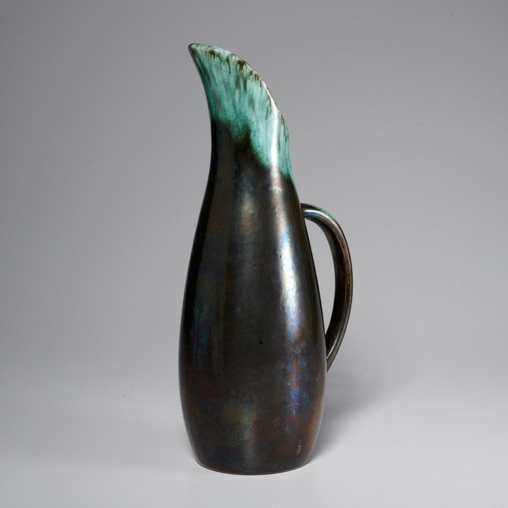 Studio Art Pottery Green Bronze Metallic Pitcher Vase Ewer Jug R ba 12.75\