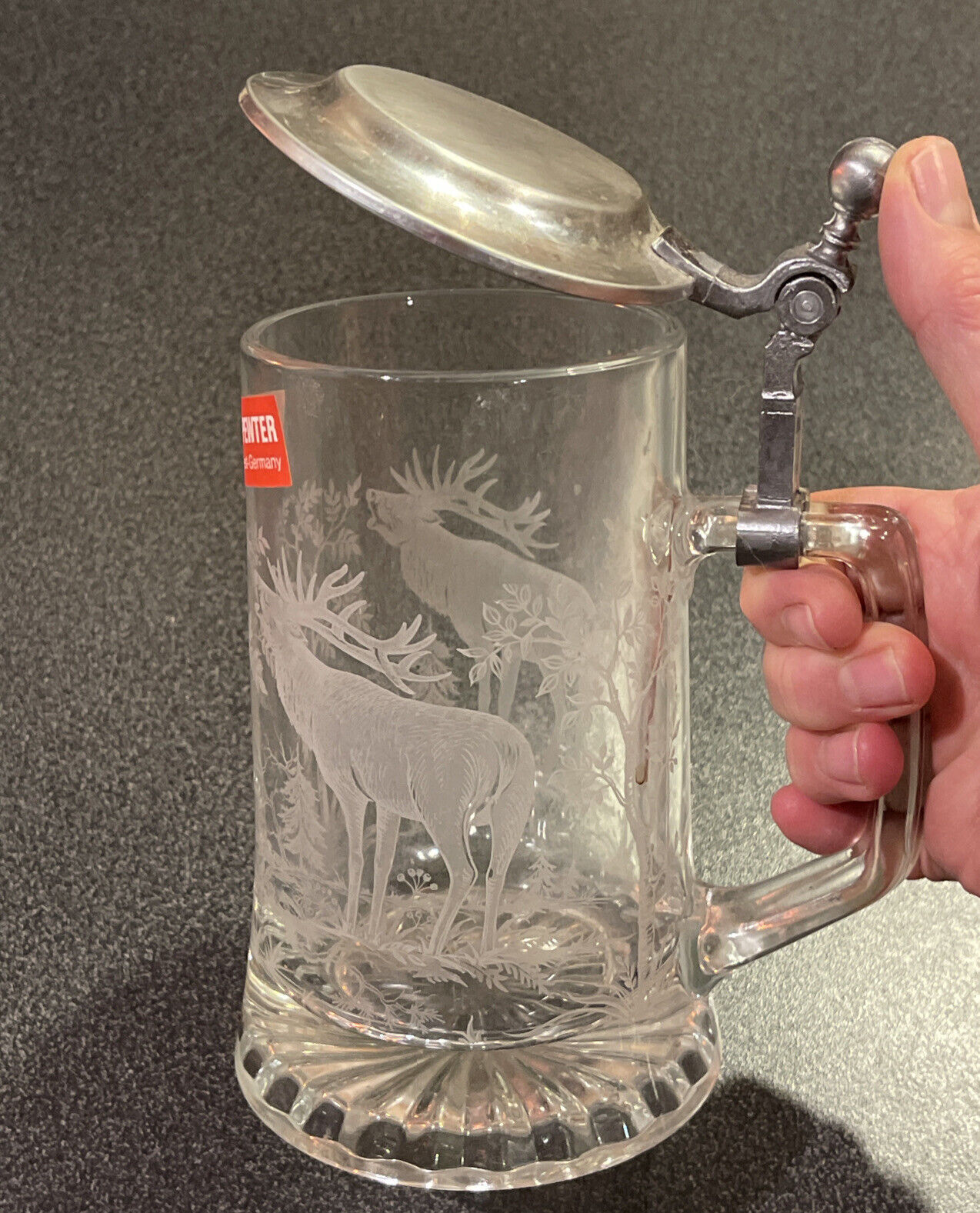 Vintage West German ALWE Lead Crystal Pewter Beer Stein With Engraved Stag Deer
