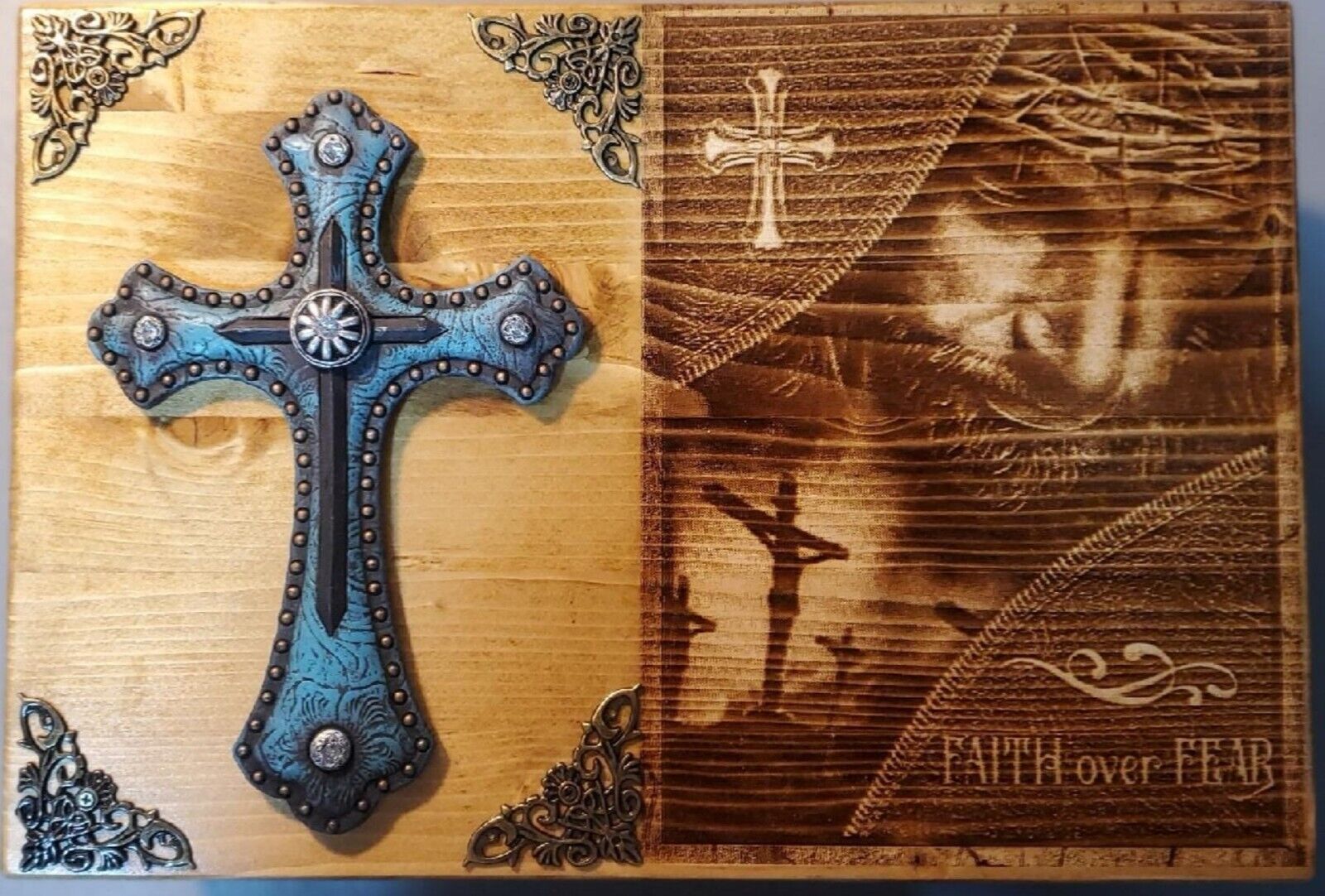 Faith Over Fear Engraved Jesus Handmade Wooden Bible Box with Blue Cross