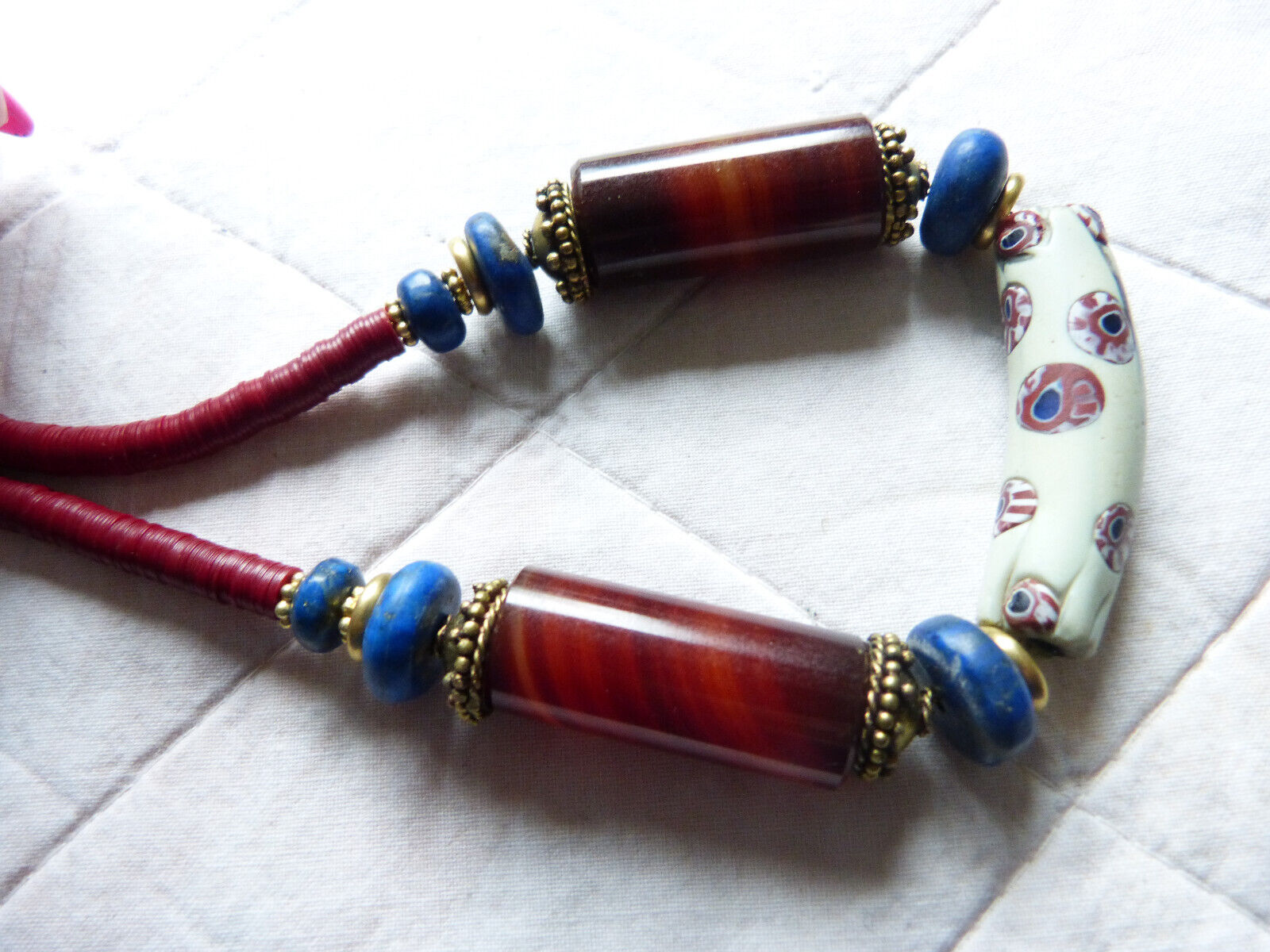 antique Venetian Millefiori elbow necklace, Idar Oberstein agate, trade beads