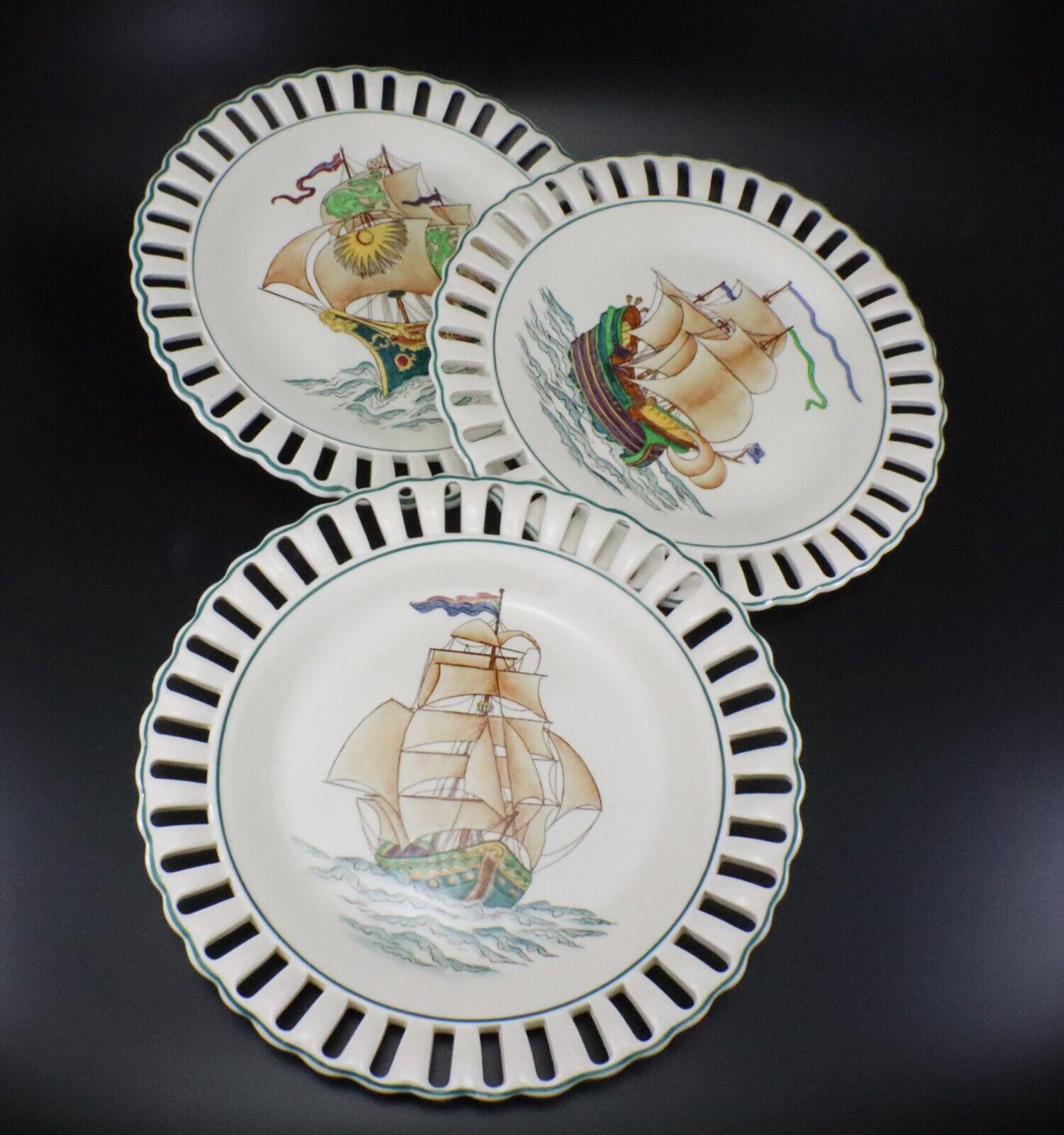 Wedgewood Etruria SHIP PLATE Set of 3 Pierced Rim Sailing Nautical Decorative