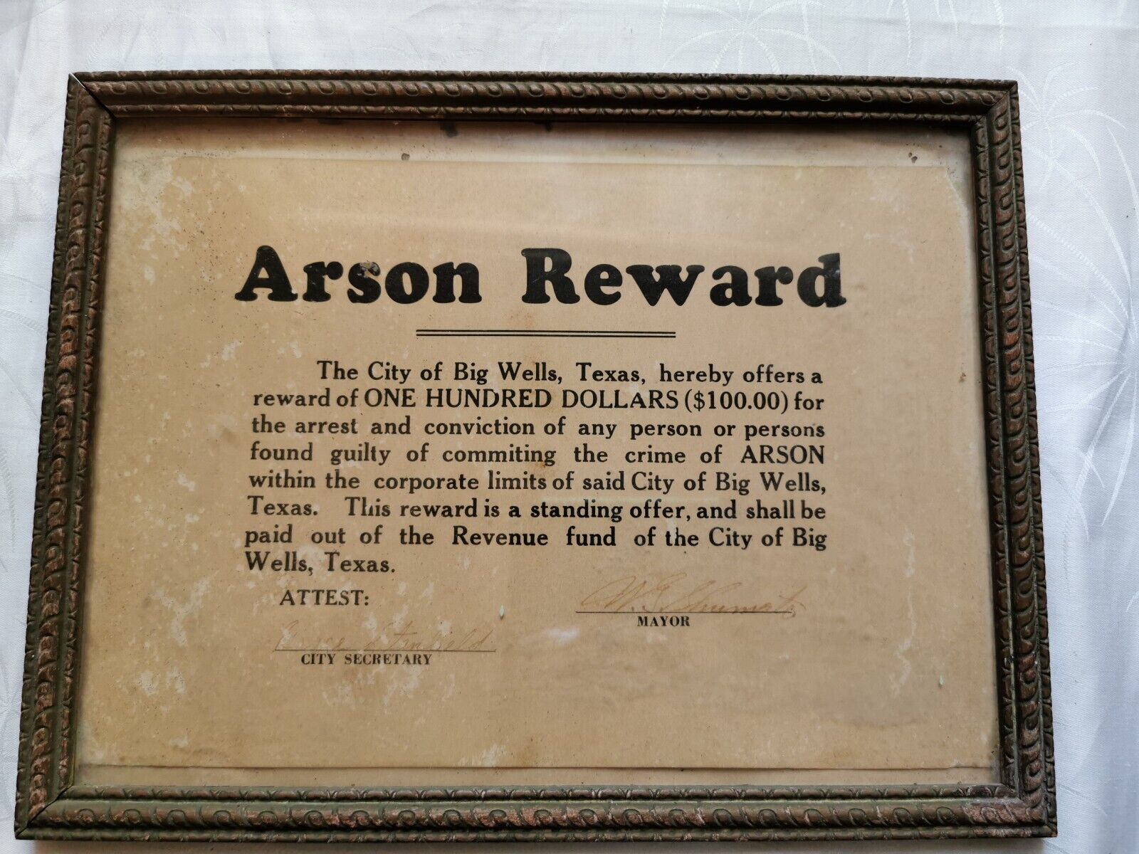 ORIGINAL 1920s Arson Reward Poster Big Wells Texas Western Framed/Signed Mayor