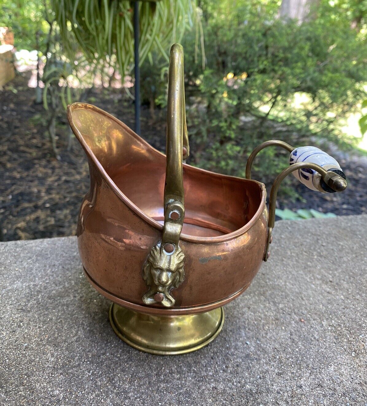 Vintage Copper & Brass Coal Scuttle Bucket Lion Handles Planter Small Petite