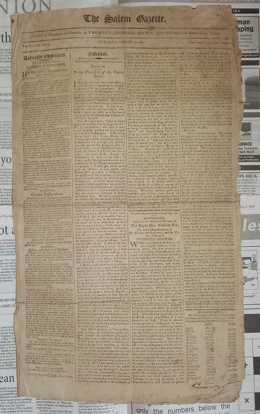 The Salem Gazette - Tues Oct 13 1801 - Newspaper