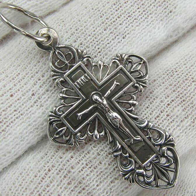 925 Sterling Silver Cross Pendant Jesus Openwork Filigree Fleur-de-lis Pattern