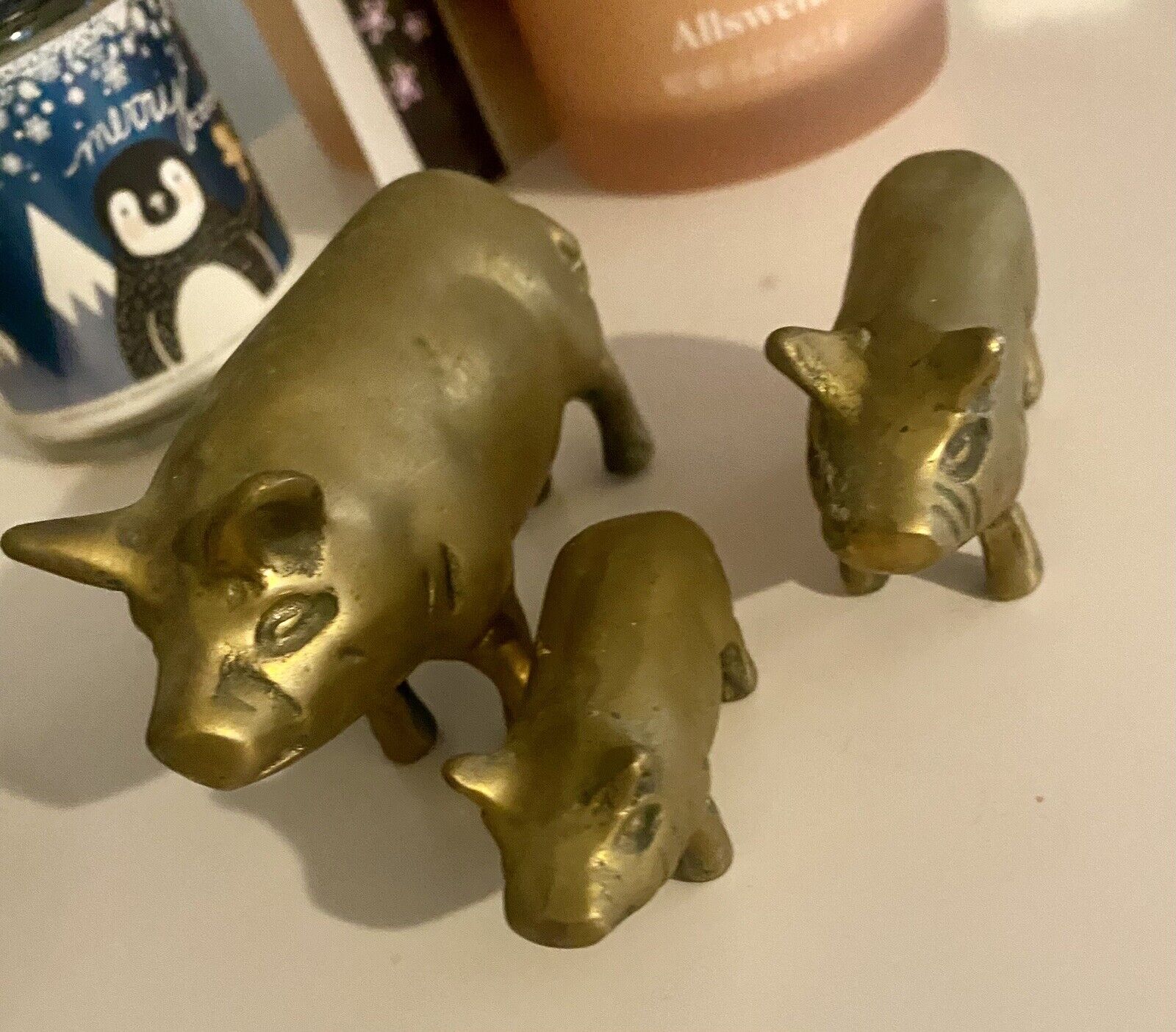 Vintage Brass Pig Sow Mom & 3 Piglet Babies 2 x 4