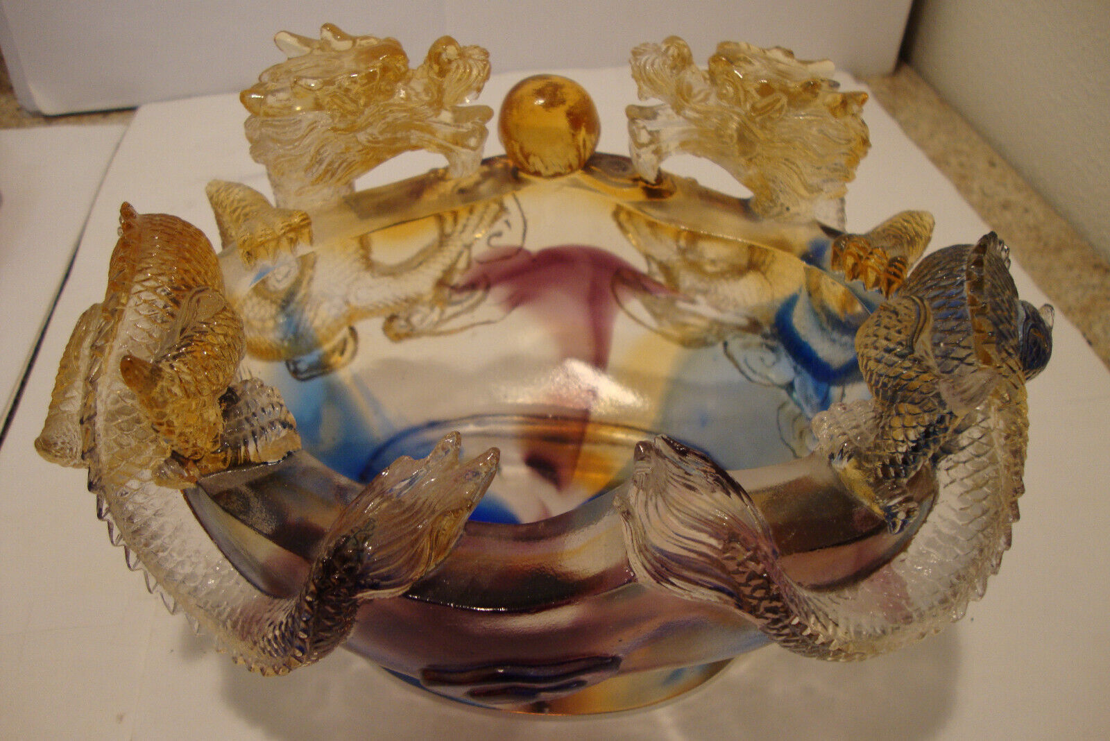 Amore Jewell Double Dragon Treasure Bowl Fengshui Ornament Liuli Crystal Glass