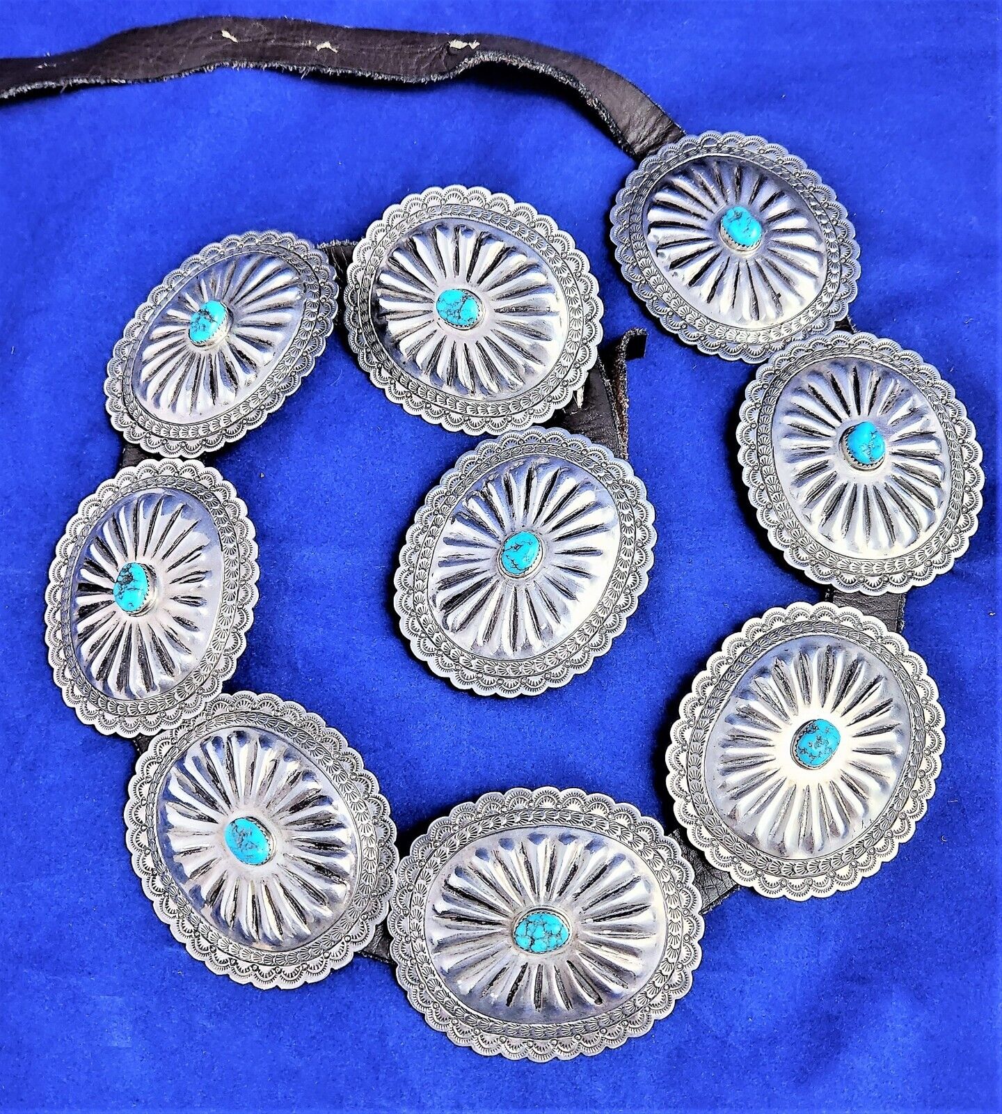 Vintage Navajo Tony Guerro Bisbee Turquoise Nugget Sterling Silver Concho Belt 