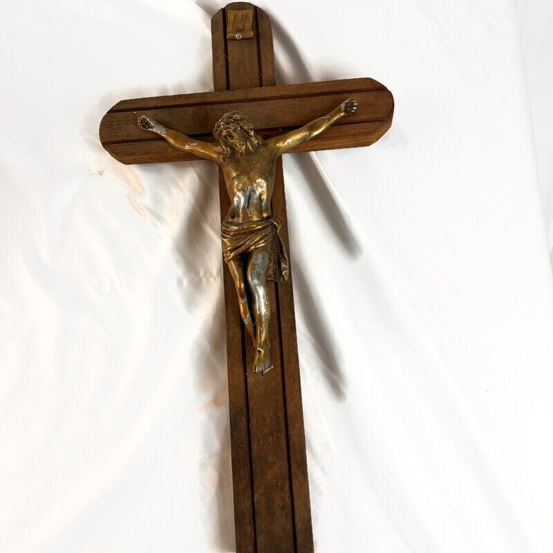 Vintage Wooden Metal  Cross Crucifix Holy Religious Christ Brown 17\