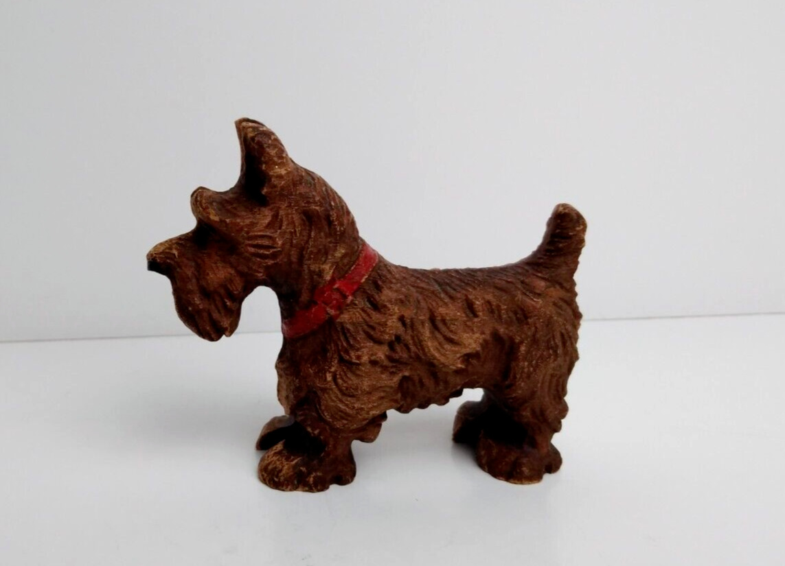 Vintage Brown Scottish Terrier Figurine Wood-Like \'Scottie Dog with Red Collar