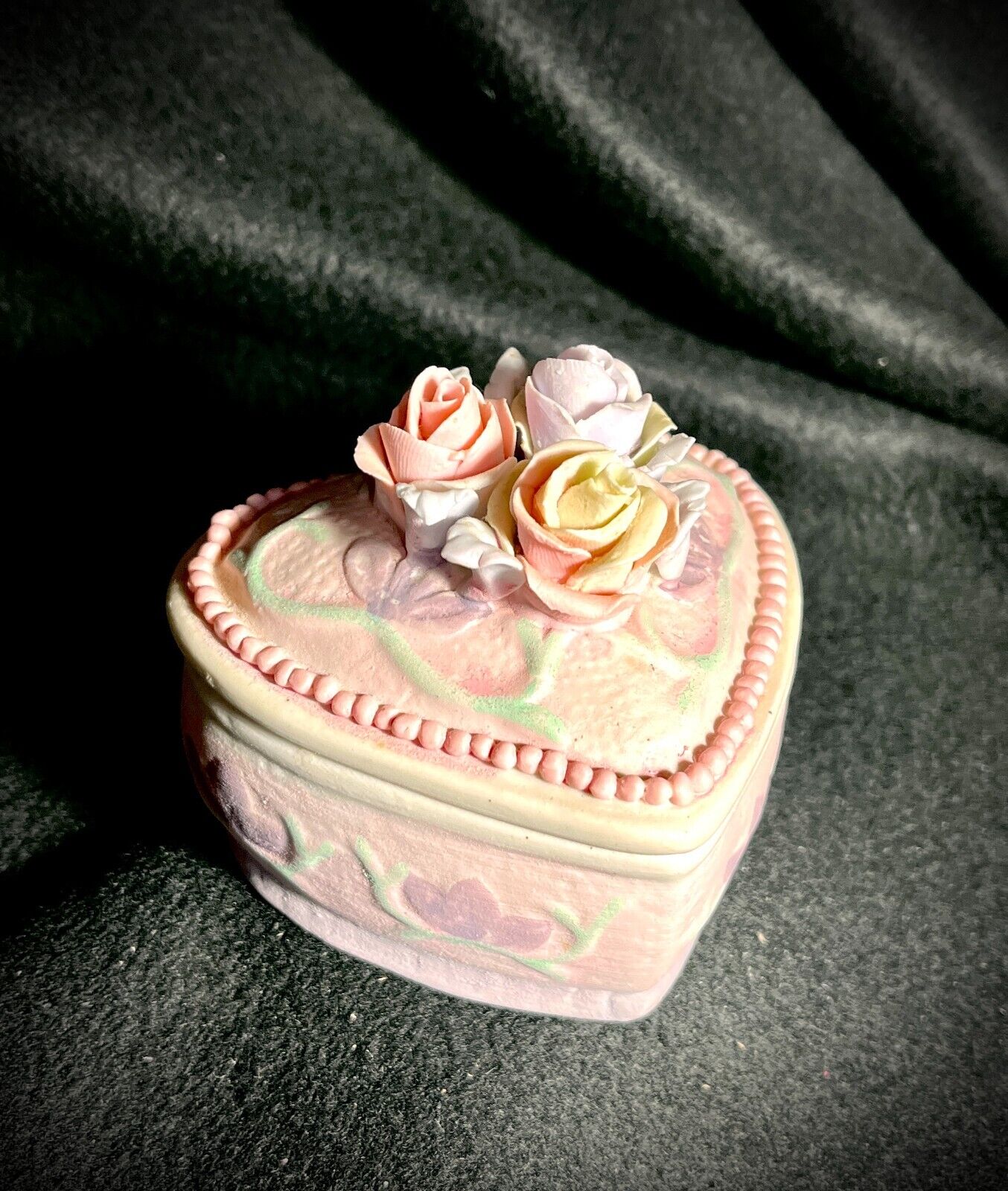 RARE Heart Shaped Trinket Dish Jewelry Box Porcelain Ceramic Pastel Roses