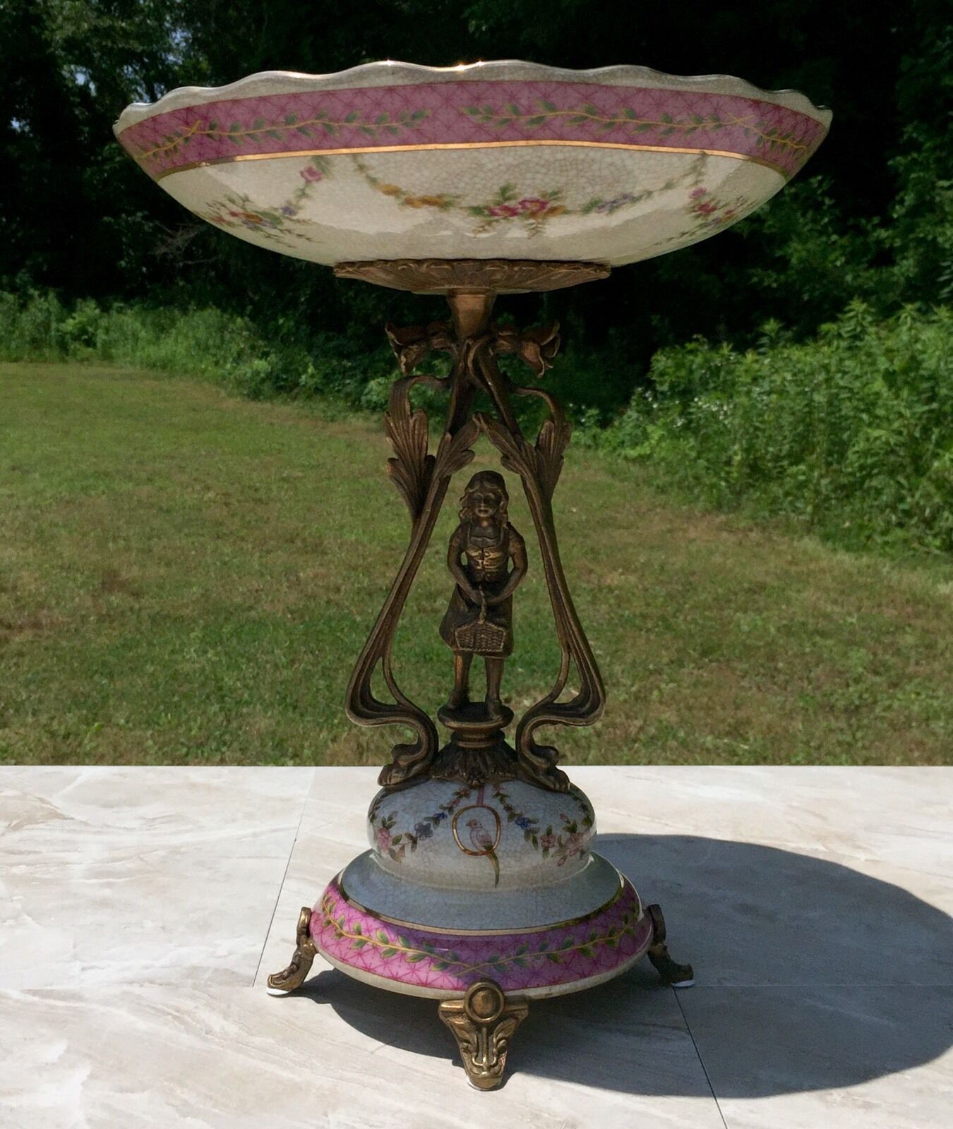 Wong Lee Pink Art Deco Porcelain & Bronze Young Maiden Pedestal Bowl