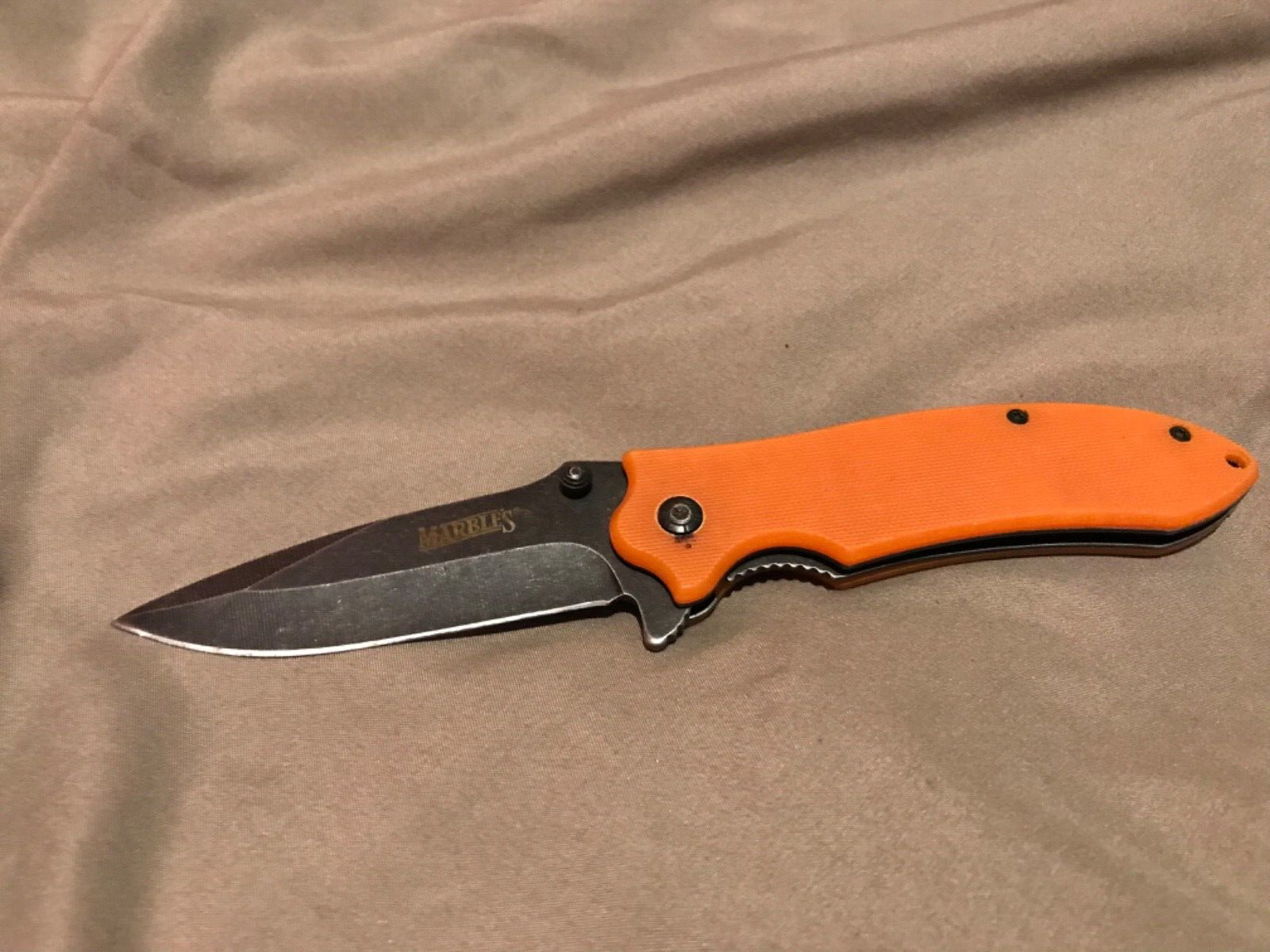 Marble's Ablaze Orange G-10 Manual Folding Knife - Black Stonewash Plain