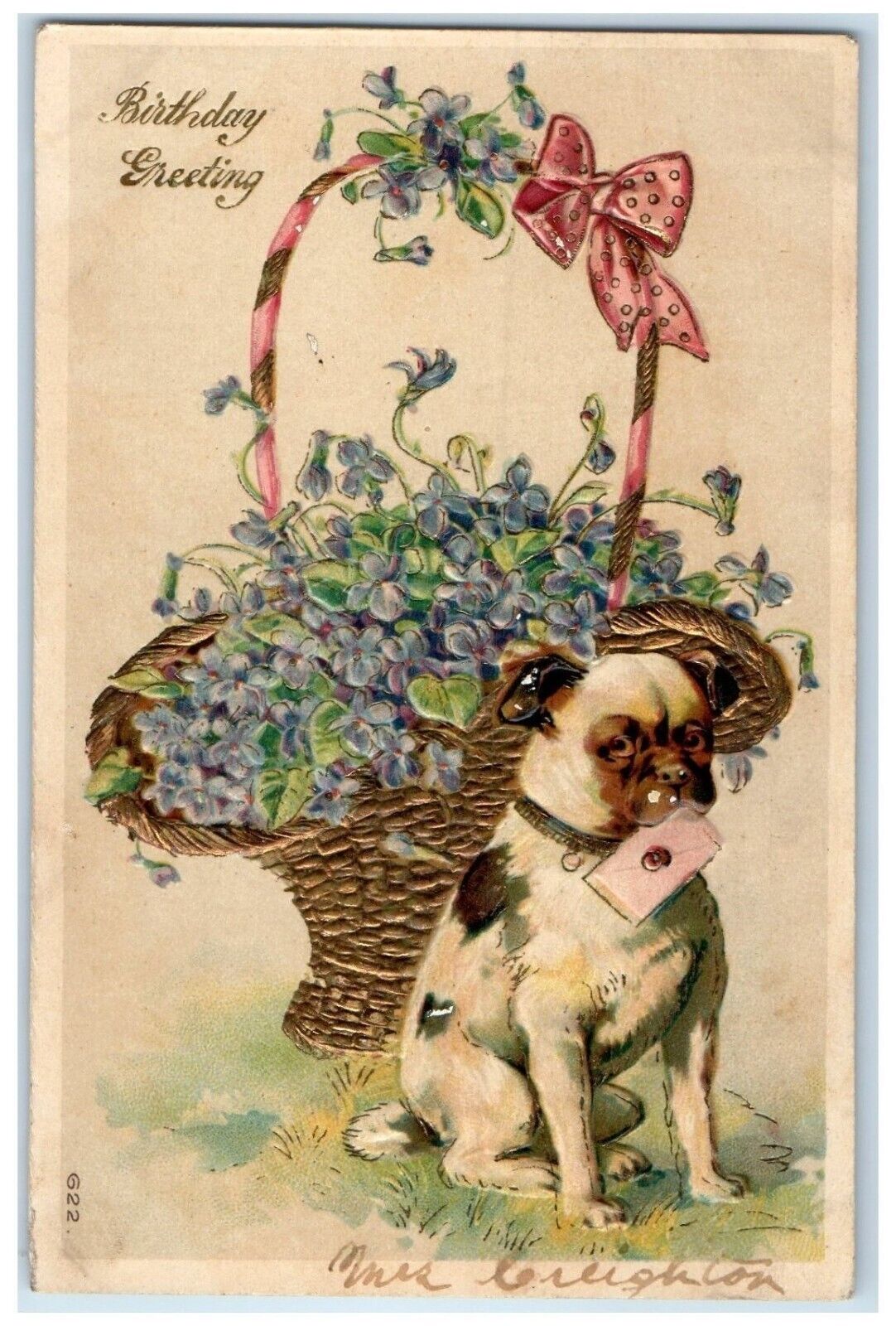c1910's Birthday Greeting Pug Dog Letter Pansies Flowers In Basket Postcard