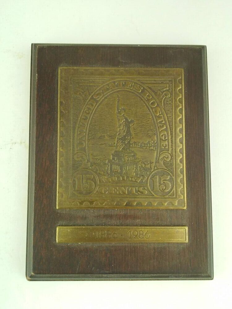 Vintage Avon 1985 Brass Memorable Statue of Liberty Postage Stamp on Wood Base