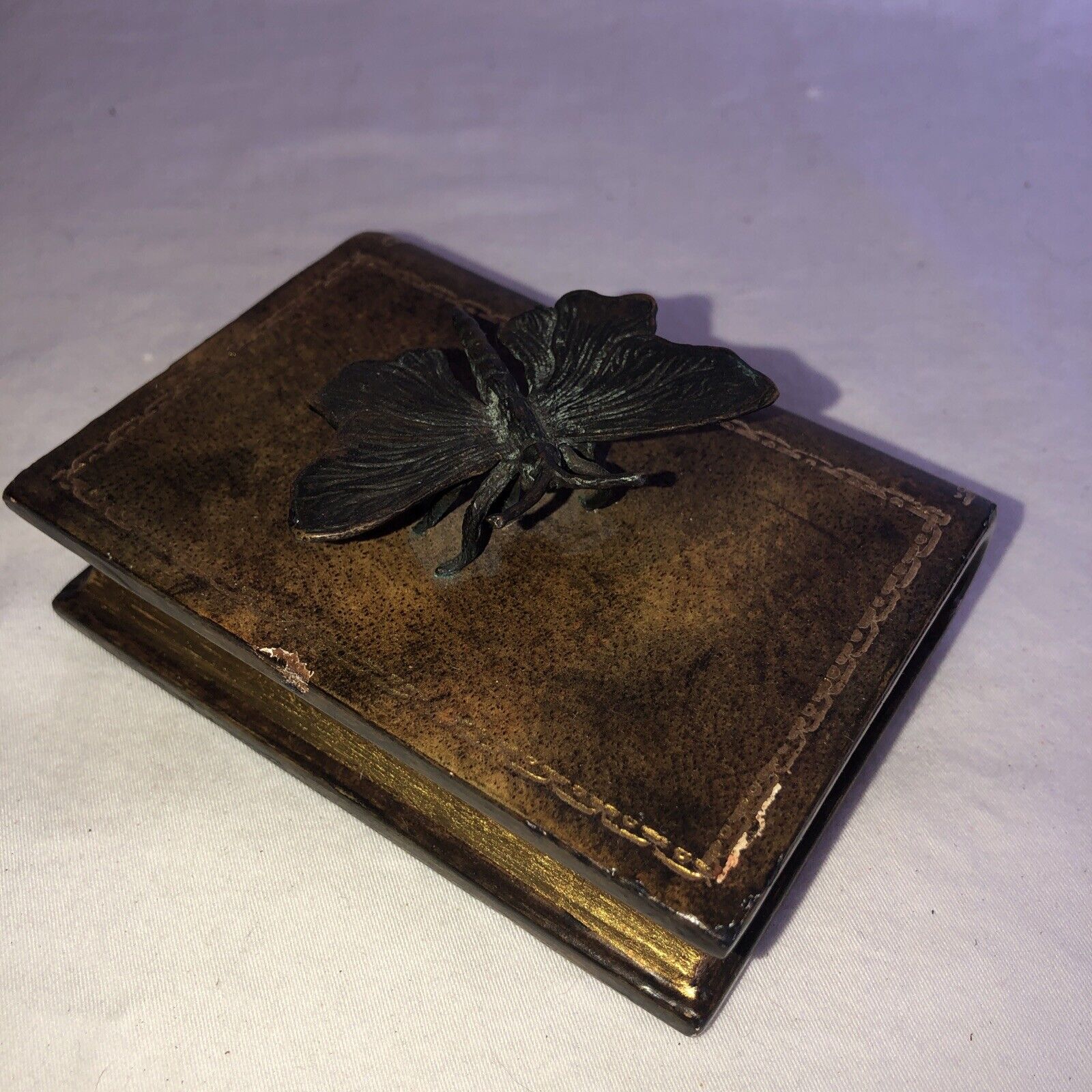 Maitland Smith Leather Desktop Book Paperweight Figurine Bronze Butterfly Moth