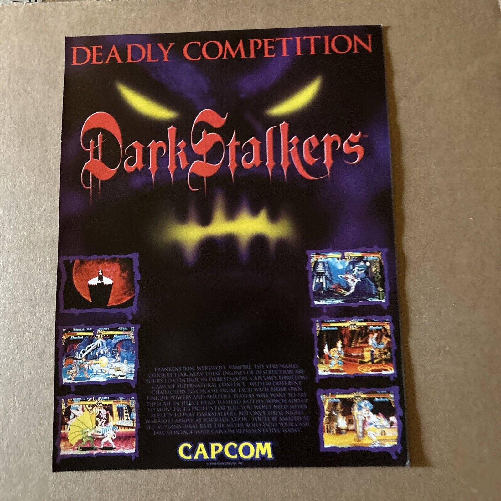 Orginal 1994  11- 8\'\' Dark Stalkers Capcom Vintage Video ARCADE GAME FLYER
