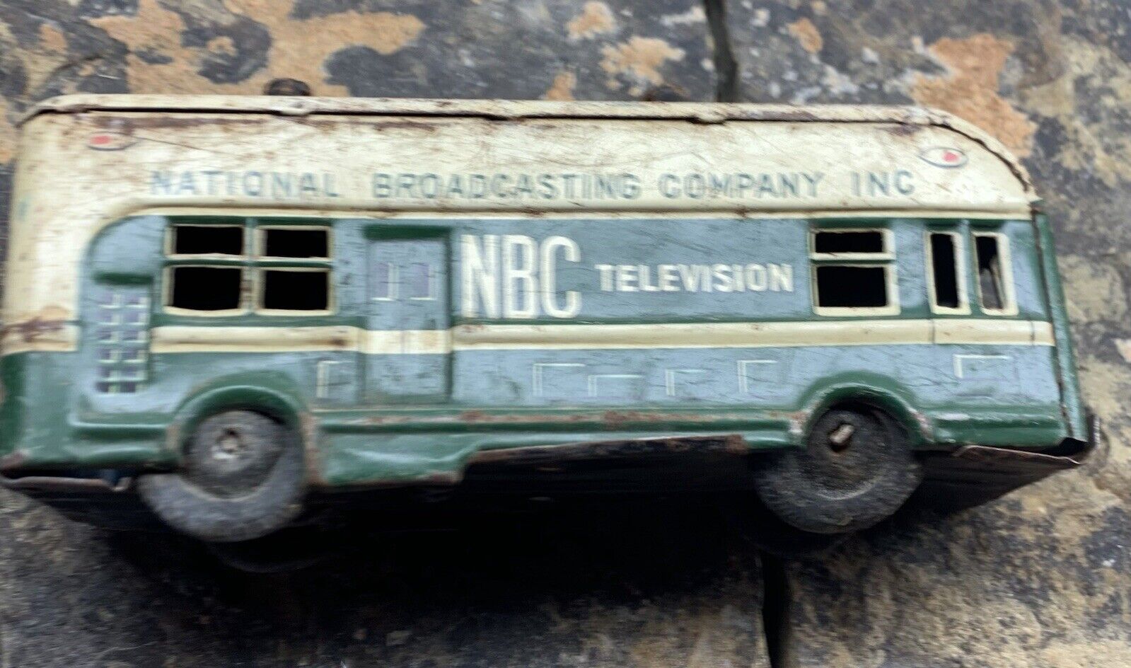 Vintage NBC National Broadcasting Company Metal Toy Bus. Rough Condition 