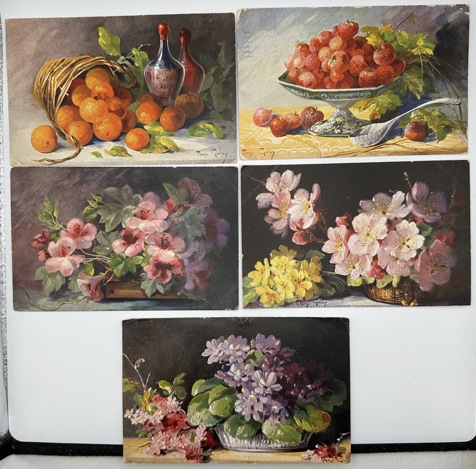 Antique 1907-08 Artist Signed Postcard Lot Of 5 W/ Flowers & Fruit