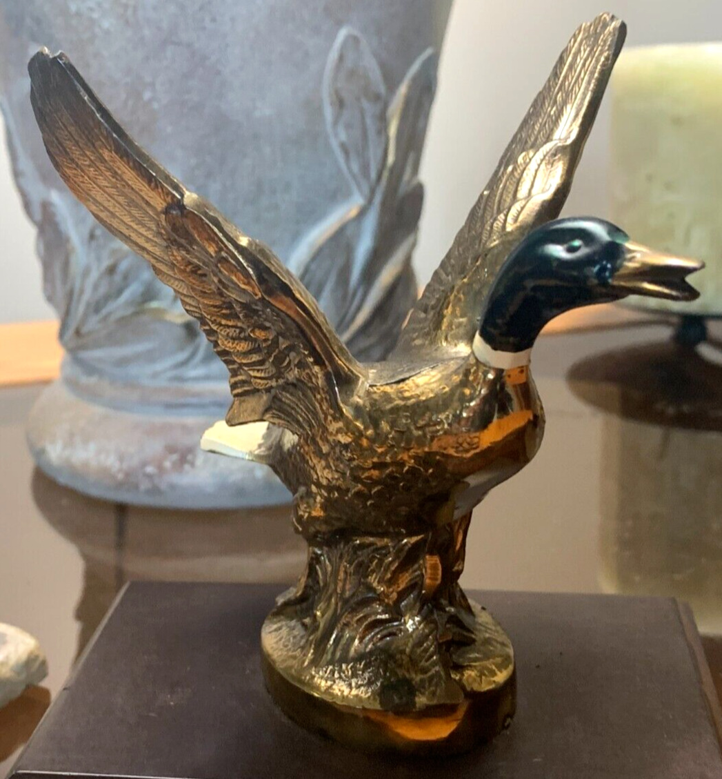 Vintage Brass Mallard Duck Taking Flight on Bronze Base Heavy at 2 lbs. 8 oz.