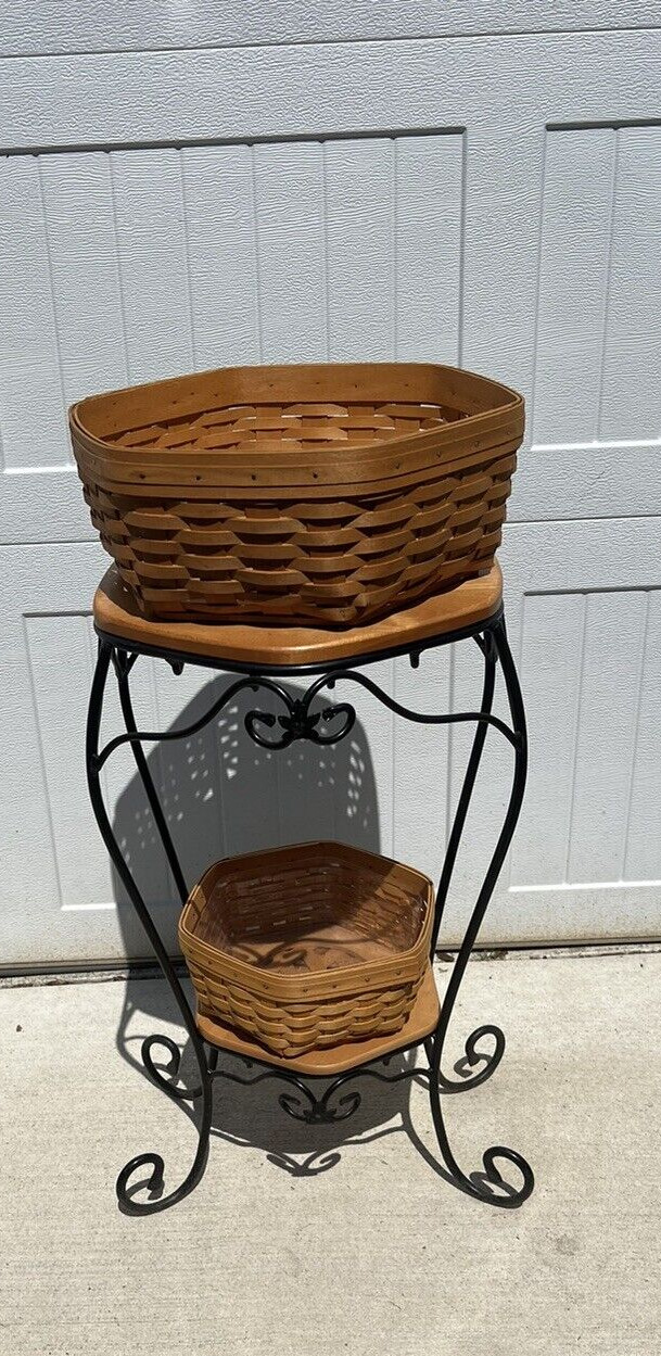 LONGABERGER WROUGHT IRON GENERATIONS STAND/TABLE W/2 WOOD SHELVES/2 BASKETS