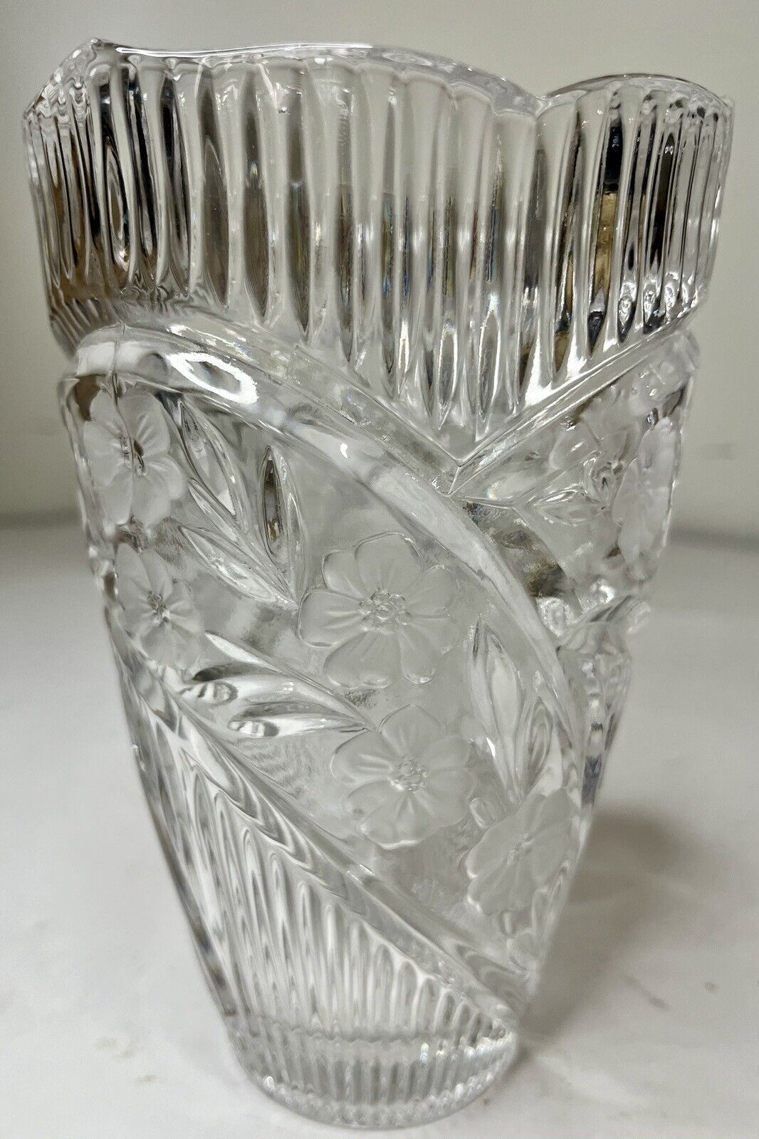 Vintage Clear Crystal Vase With Elaborate Etched Detailing 