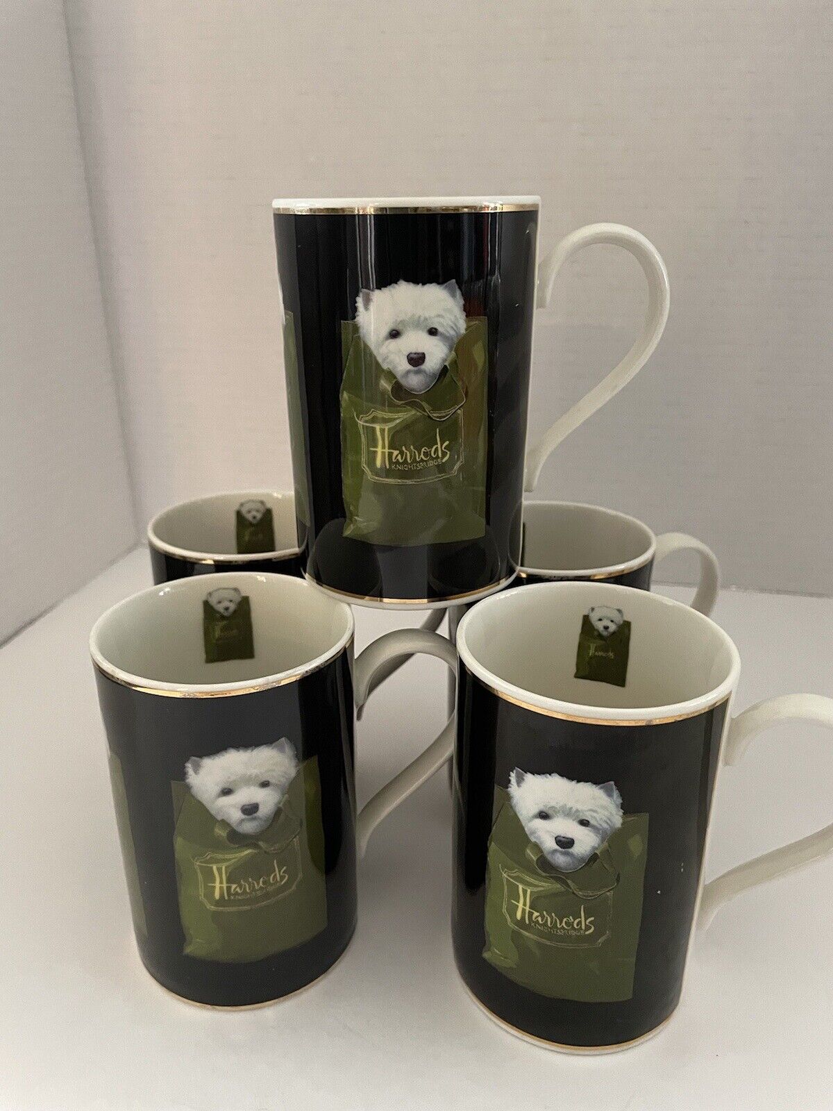 Vintage Harrods Knightsbridge White Terrier Black Coffee Tea Mug Scotland Gilded