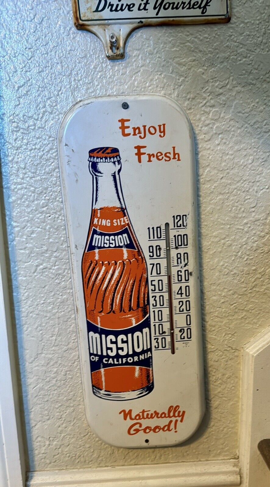 Vintage 1950's MISSION OF CALIFORNIA SODA BOTTLE Thermometer