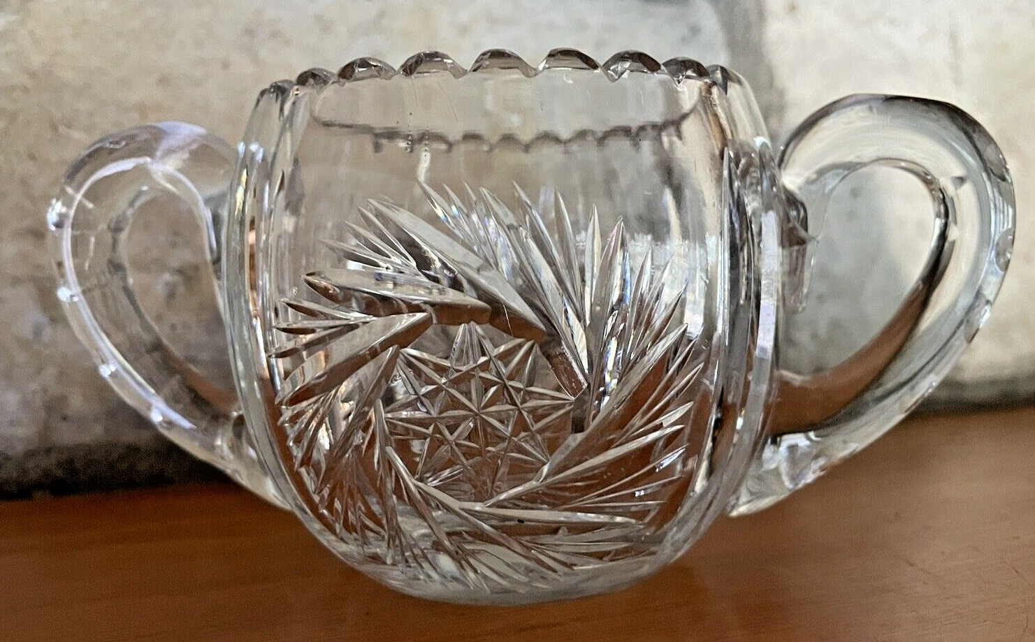 Vtg Unmarked American Brilliant Period Wirling Star Cane Cut Crystal Open Sugar