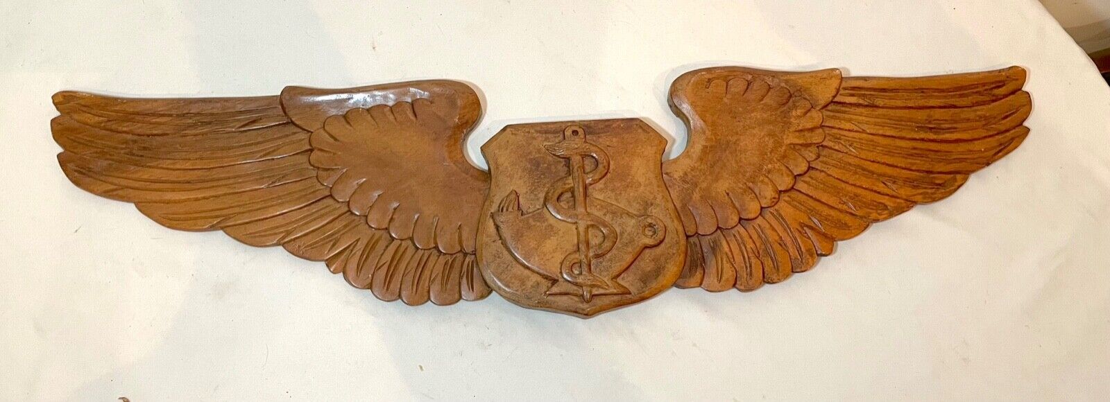vintage hand carved wood U.S. Army medical wall sculpture crest Red Cross wings