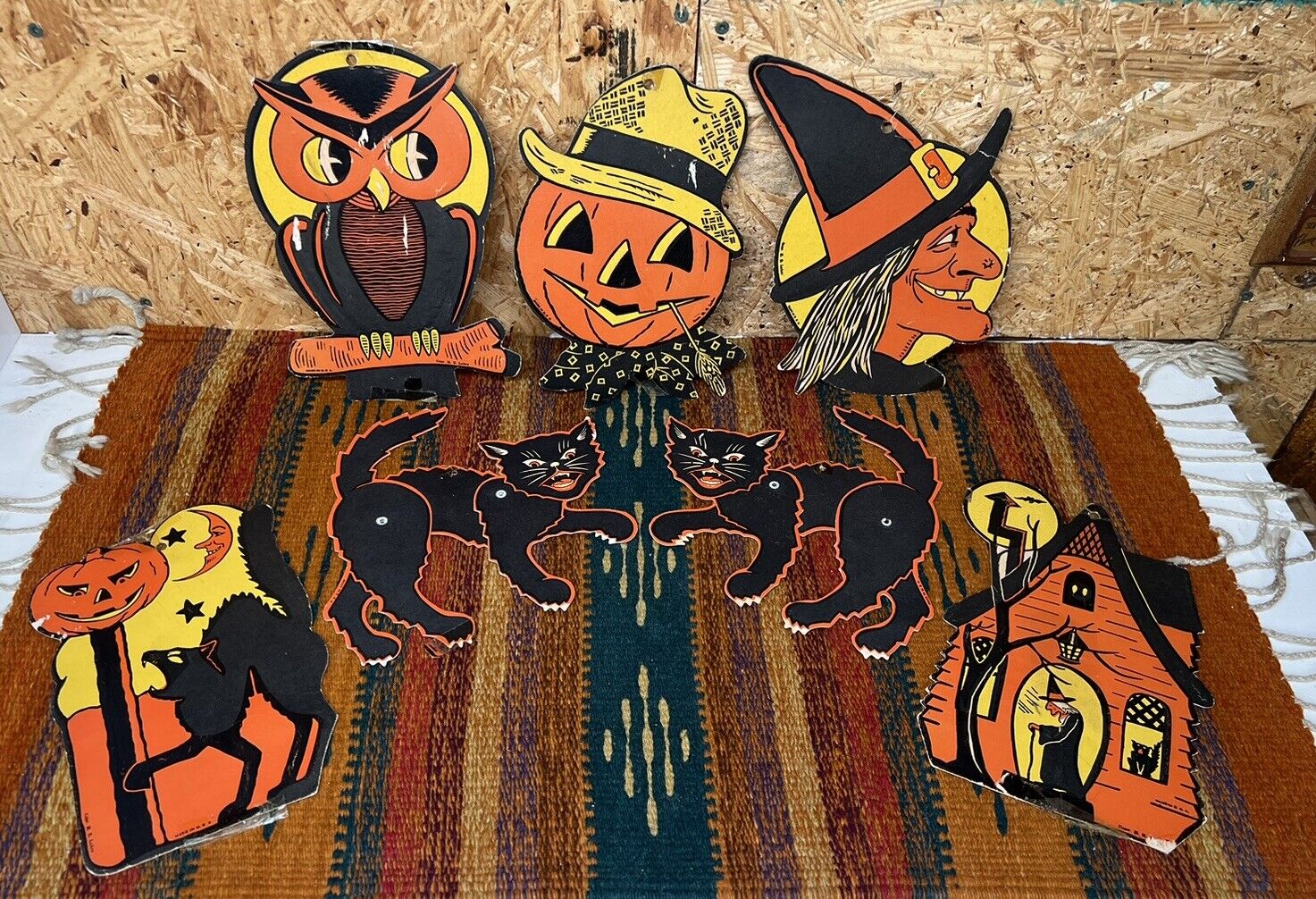 Vintage HE Luhrs Beistle Halloween Diecut Lot of 7 Cat Witch Owl Pumpkin