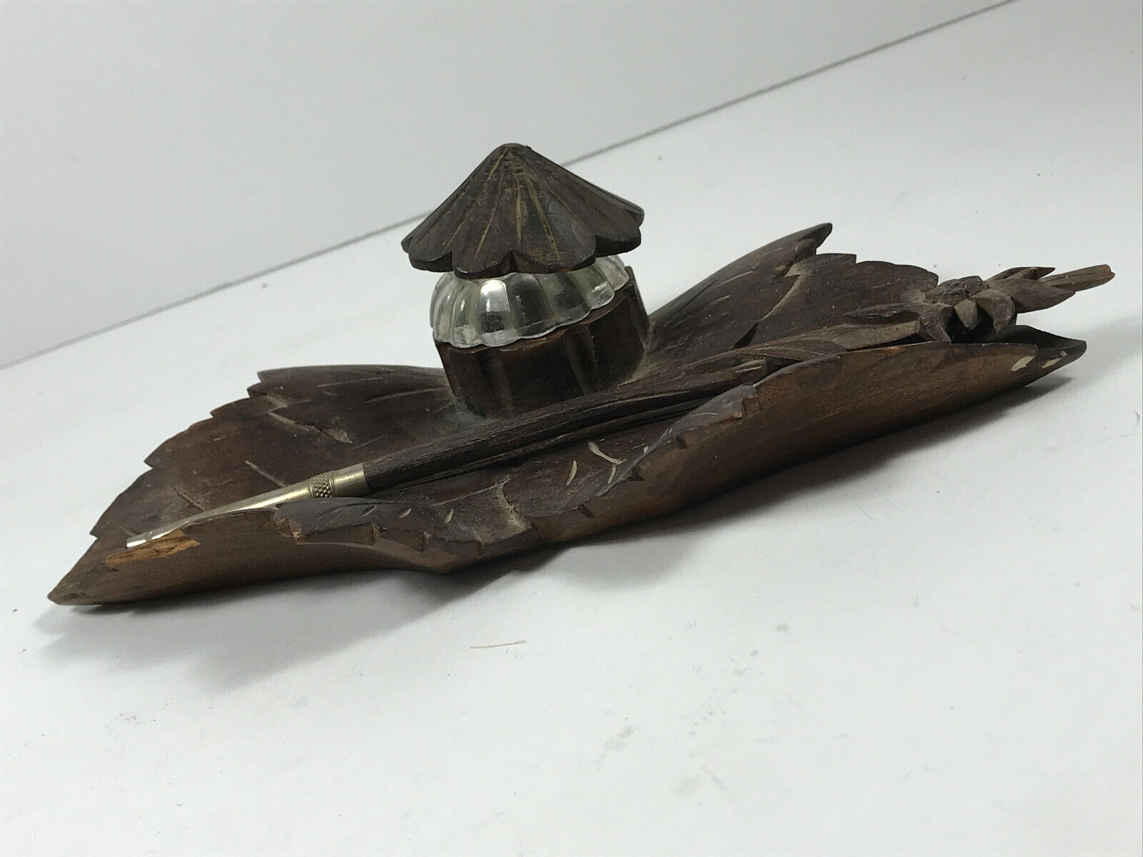 Antique Wood Carved Inkwell germany? german? black forest w/ quill NICE