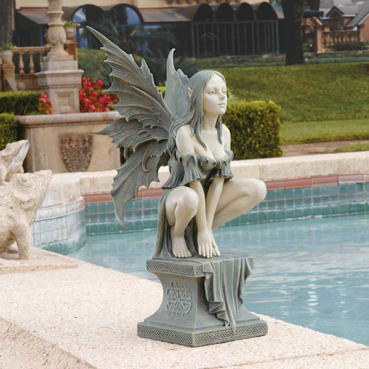 Large: Mystic Elfin Fairy Perched on Celtic Plinth Garden Sculpture Statue