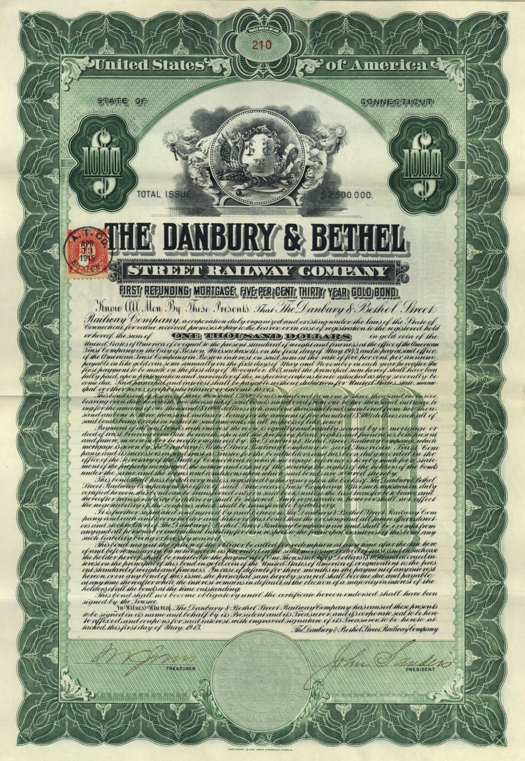 Danbury and Bethel Street Railway Co. - $1,000 5% 30 Year Gold Railroad Bond wit