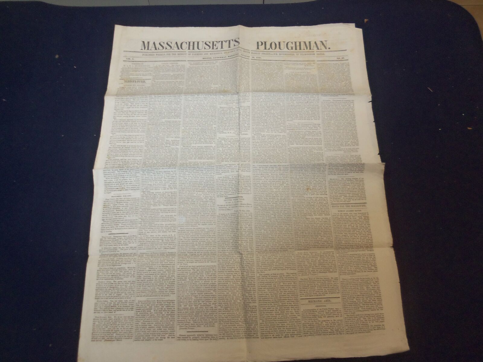 1848 AUGUST 19 MASSACHUSETTS PLOUGHMAN NEWSPAPER - OREGON BILL - NP 5153