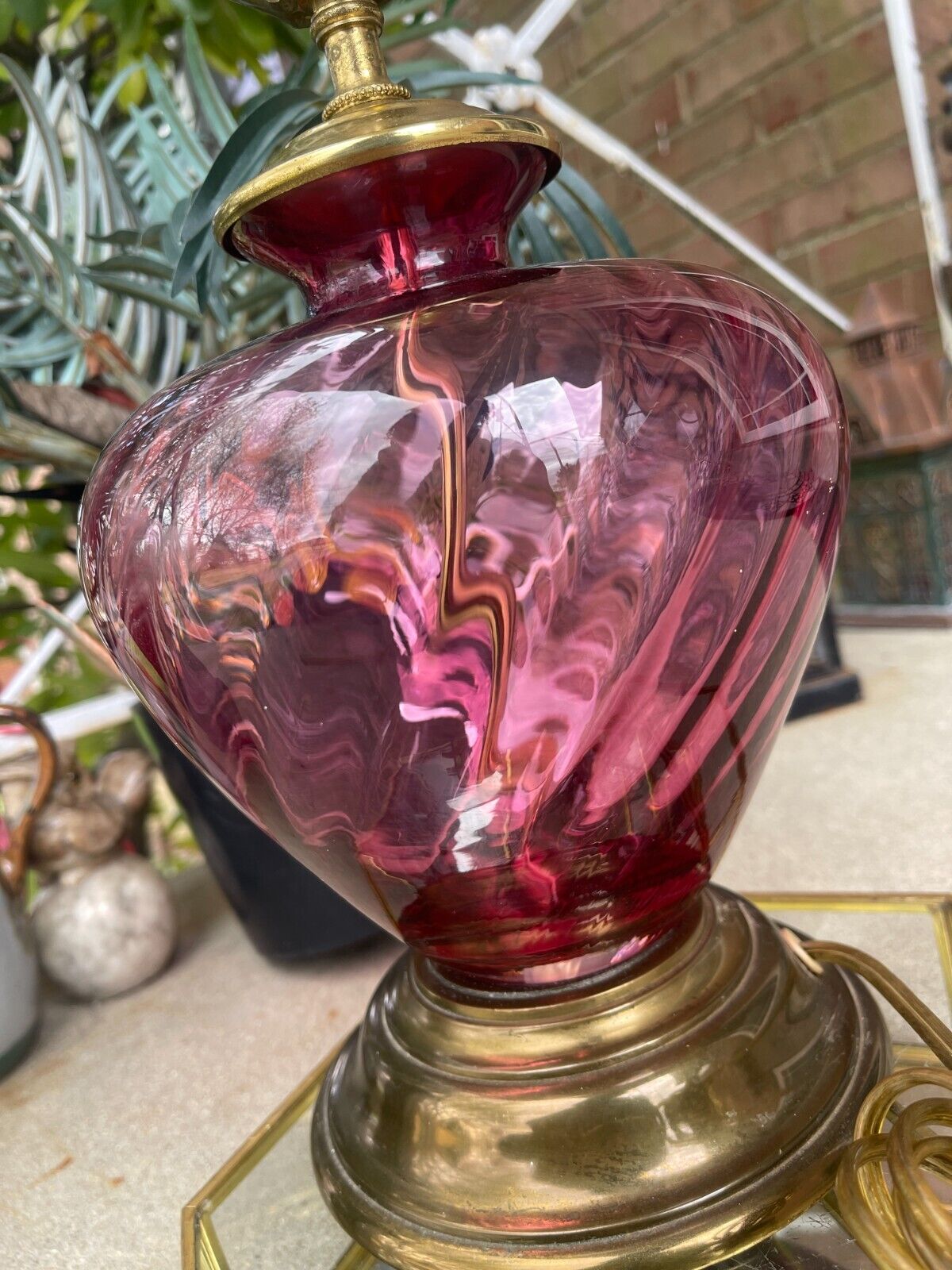 Vintage Pilgrim, Cranberry, Glass and Brass, swirl optic pattern, table lamp