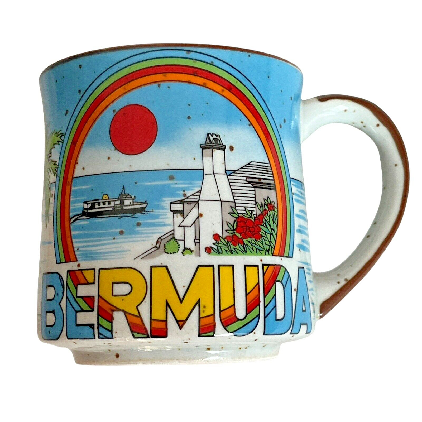 Bermuda Stoneware Vintage Sea Sunset Rainbow Beach Boat Souvenir Mug Coffee Cup