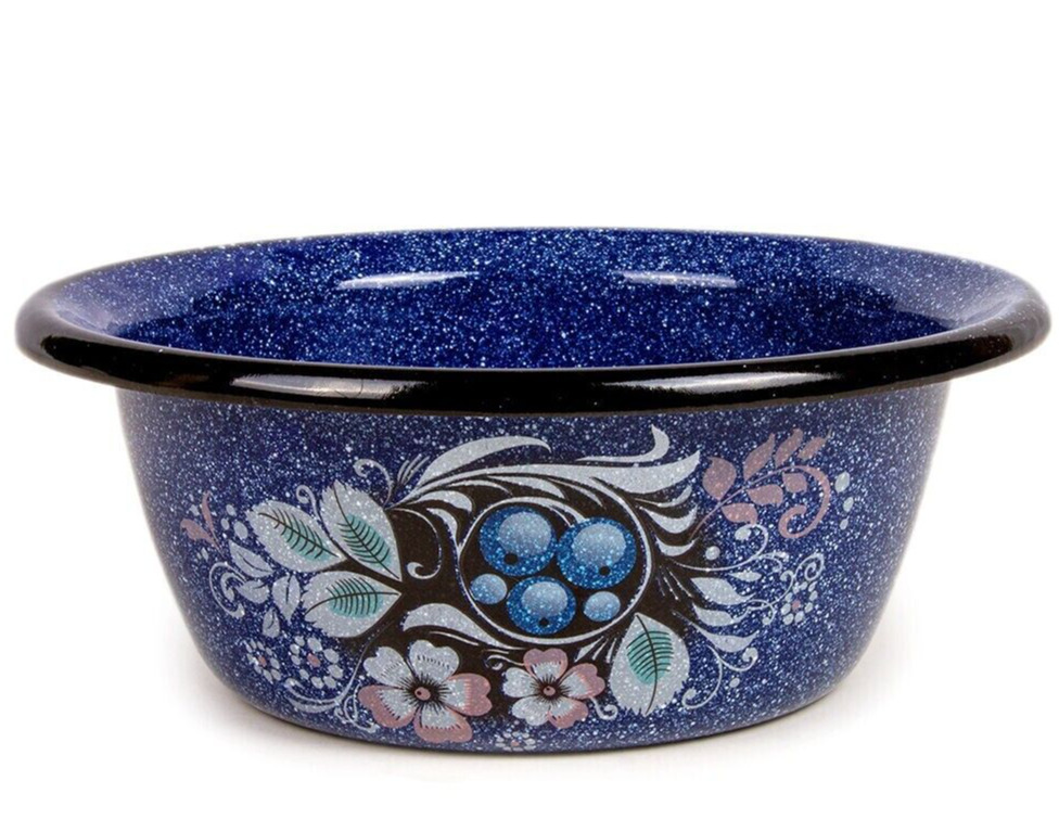 BLUEBERRY Enameled Mixing Bowl Camping Kitchen Bowl, Made in Russia, 0.9 qt