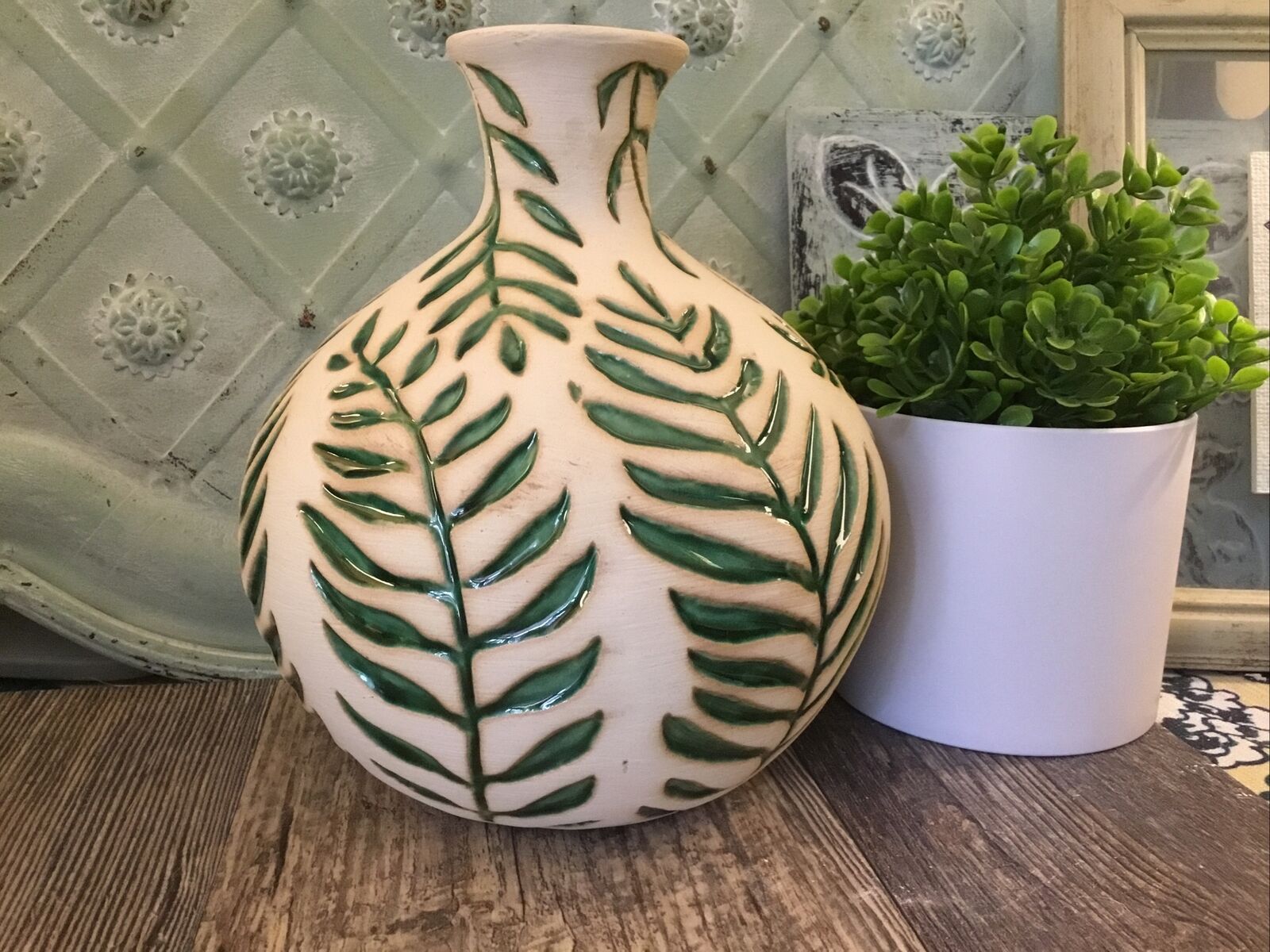 green glass vase incased pottery fern  Beautiful Bohemian Vase cut to green 